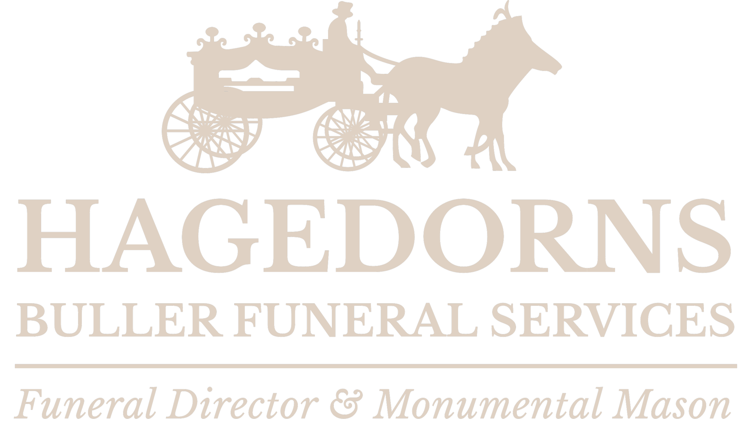 Logo for Hagedorns Buller Funeral Services featuring a horse-drawn carriage at the top and text below that says "Hagedorns Buller Funeral Services" and "Funeral Director & Monumental Mason".