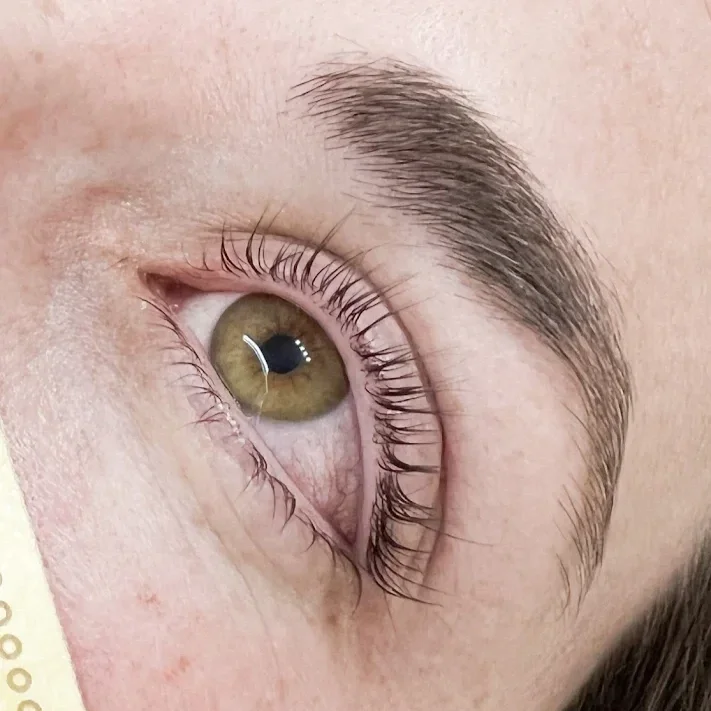 Close-up of a person’s eye showing the iris, eyelashes, and eyebrow. korean lash lift