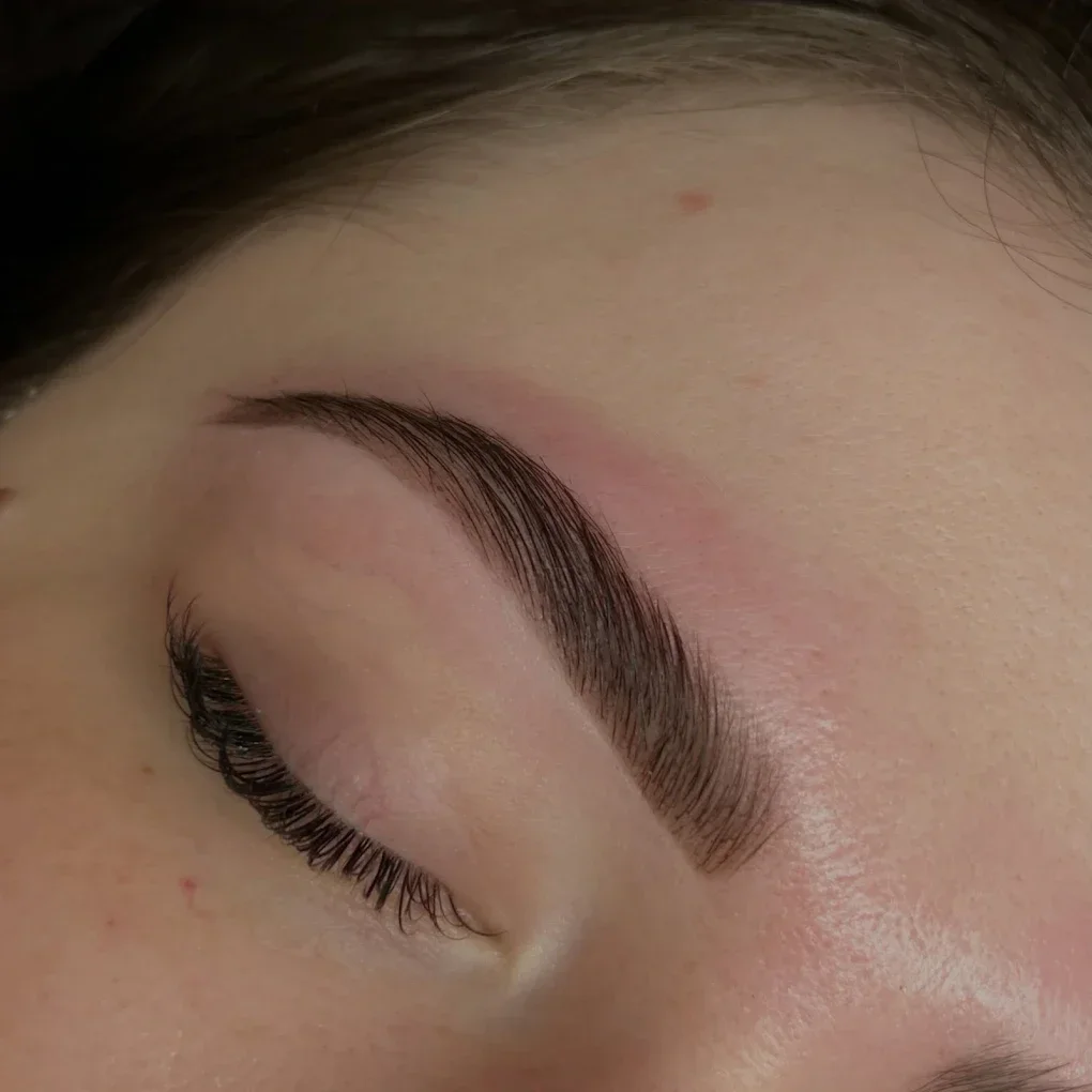 Close-up of a woman's closed eye with well-groomed eyebrows. brow lamination