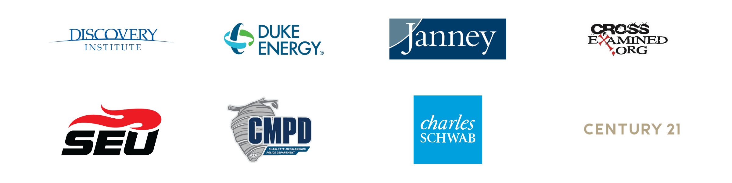 Collection of logos including Discovery Institute, Duke Energy, Janney, Cross Examined.org, SEO, Charlotte-Mecklenburg Police Department, Charles Schwab, Century 21.