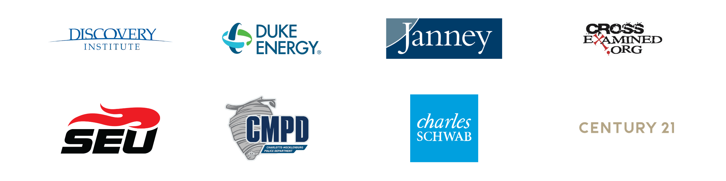 Collection of logos including Discovery Institute, Duke Energy, Janney, Cross Examined.org, SEO, Charlotte-Mecklenburg Police Department, Charles Schwab, Century 21.