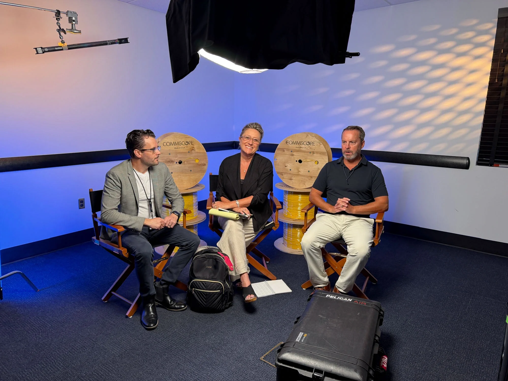 Behind-the-scenes corporate video interview setup for CommScope’s 50th anniversary event in Catawba, NC.