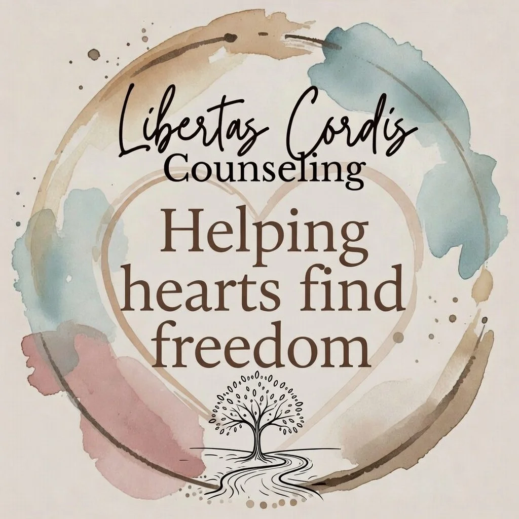 Watercolor design with text promoting Libertad Cordis Counseling, helping hearts find freedom, featuring a tree with flowing roots.