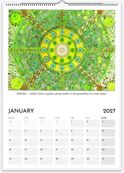 January 2027 Origins calendar page featuring Origins — Sage in green and yellow with monthly calendar grid.