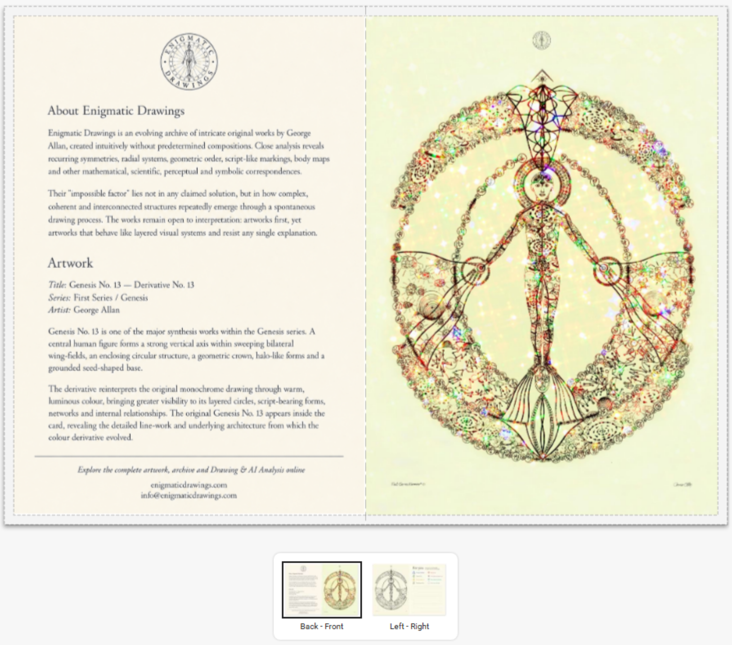 Front and reverse of the Genesis No. 13 Enigmatic Drawings art greeting card.