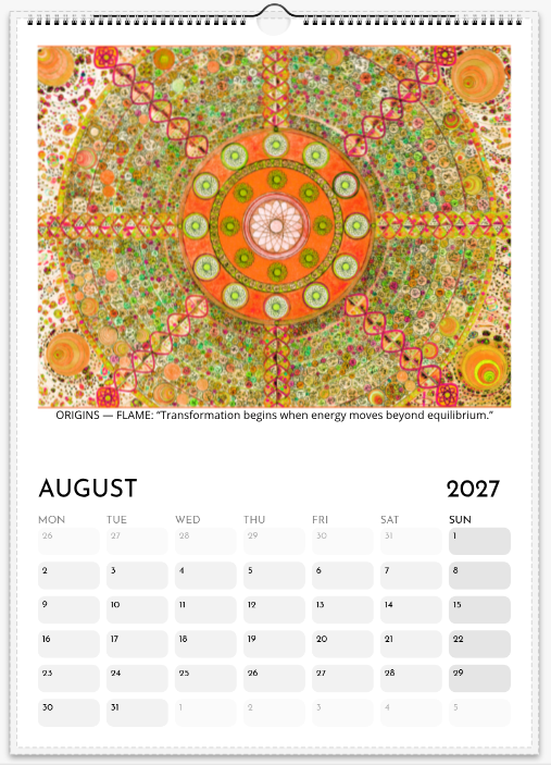 August 2027 Origins calendar page featuring Origins — Flame in orange, yellow and green with monthly calendar grid.