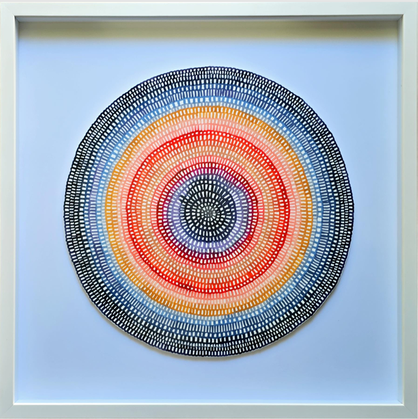 Original Crochet Web Mandala — Coral Red, Ochre & Navy Blue