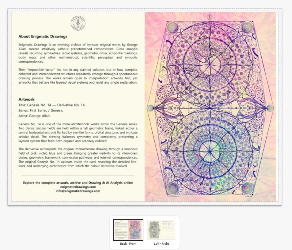 Front and reverse of the Genesis No. 14 Enigmatic Drawings art greeting card.
