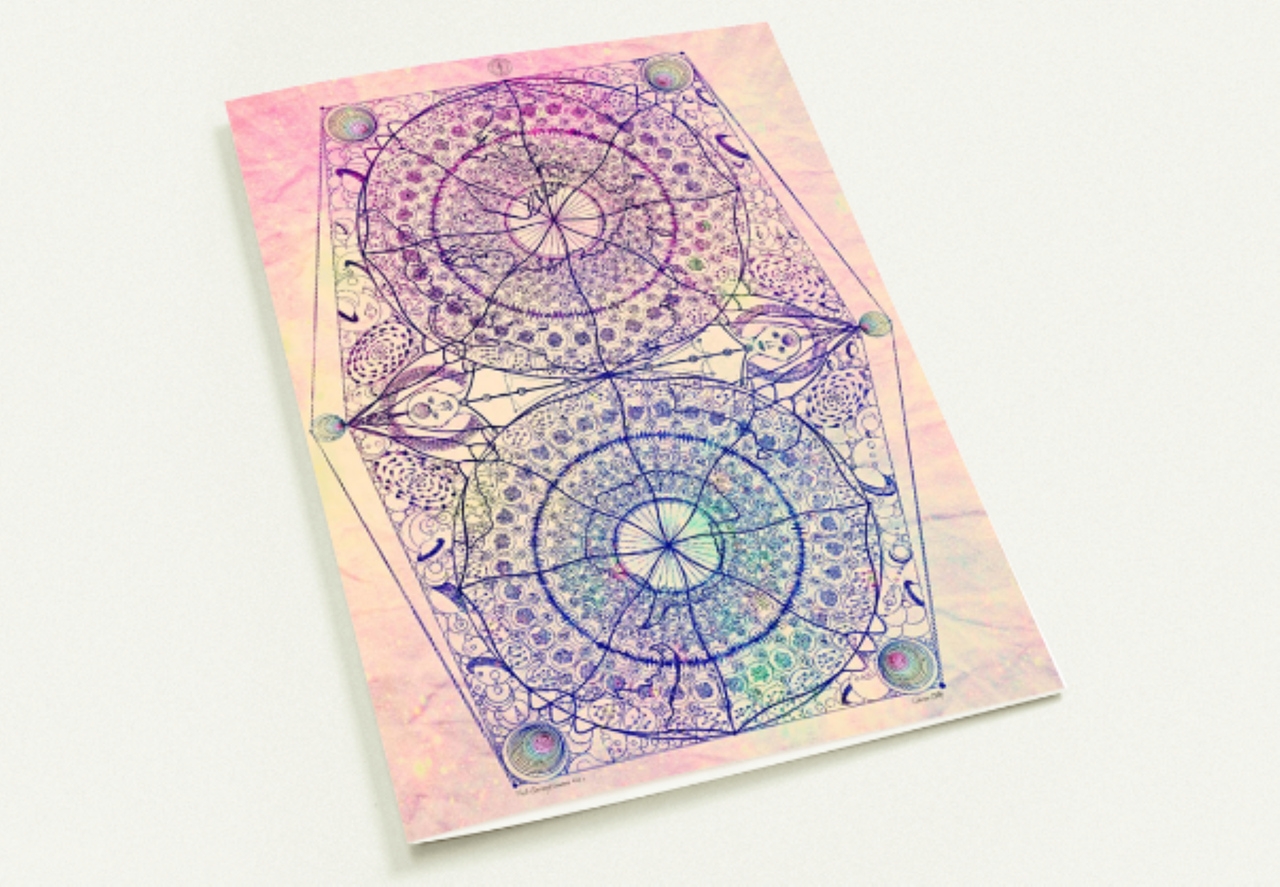 Genesis No. 14 art greeting card featuring a pink, violet, blue and green colour derivative by George Allan.
