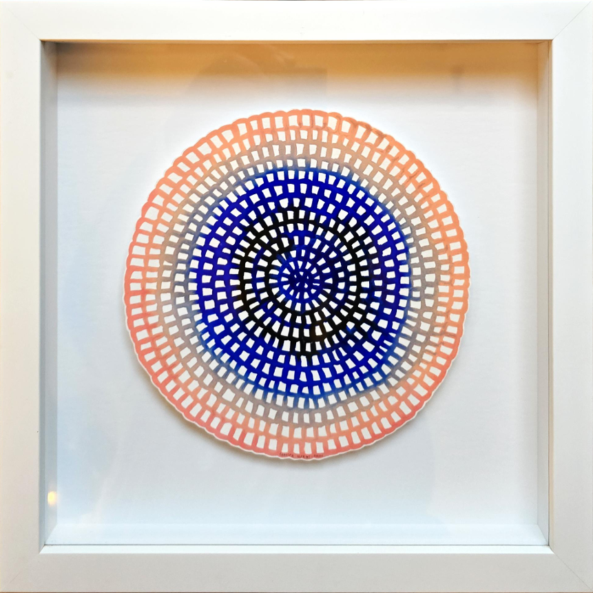 Original Mini Crochet Web Mandala — Coral, Cobalt & Charcoal