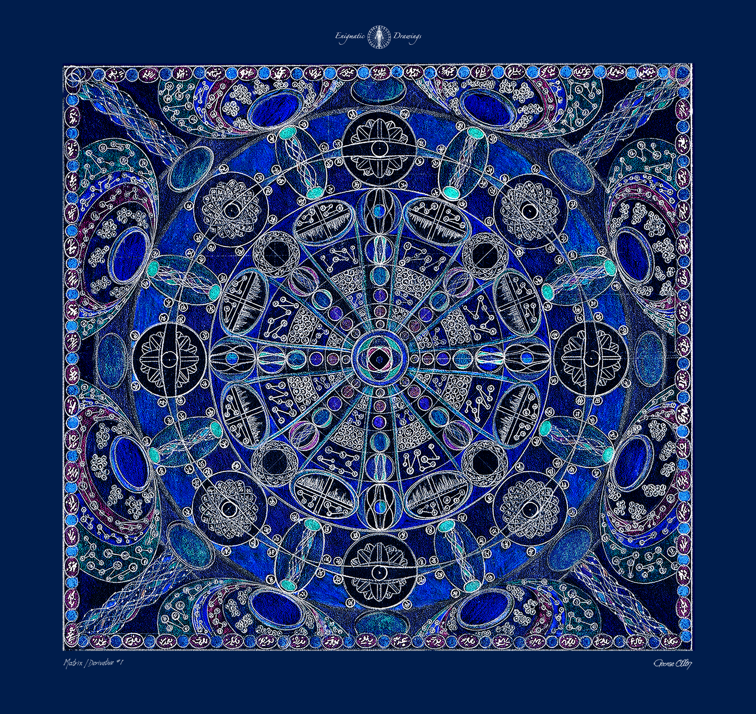 Second Series Matrix Derivative #1 by George Allan, showing a cobalt Matrix derivative with circular geometry, coded borders and repeated symbolic field structures.