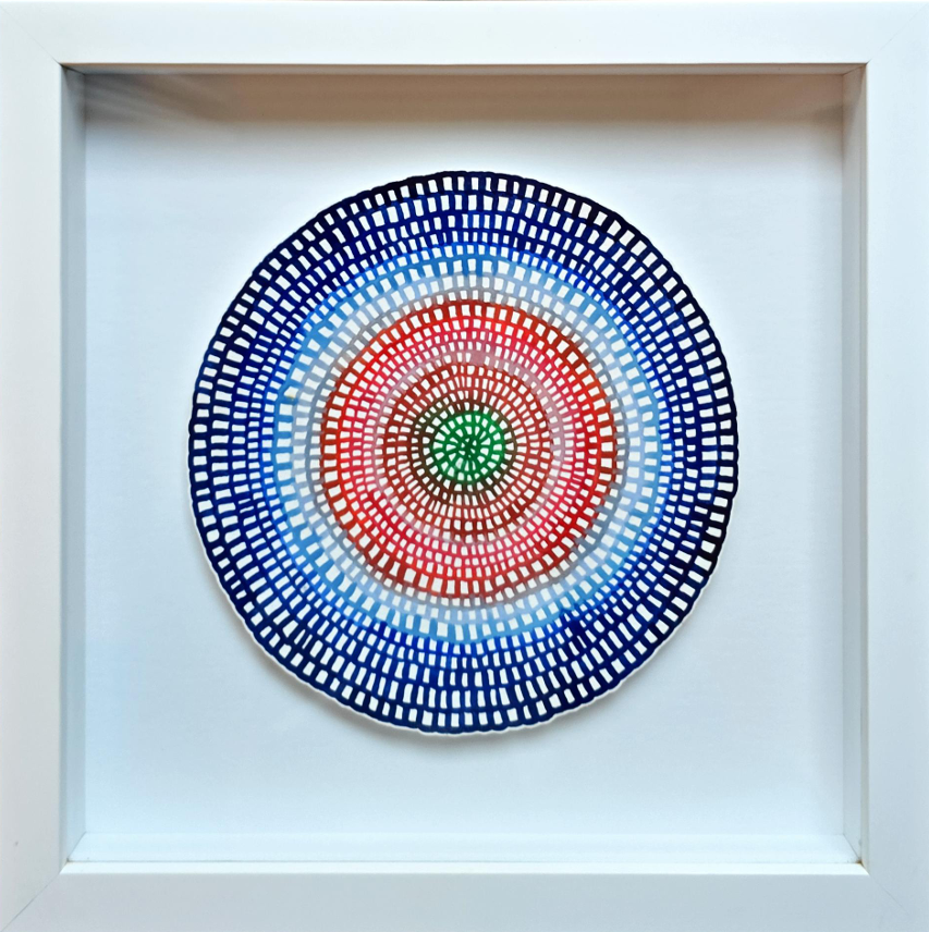 Original Mini Crochet Web Mandala — Navy, Coral & Emerald