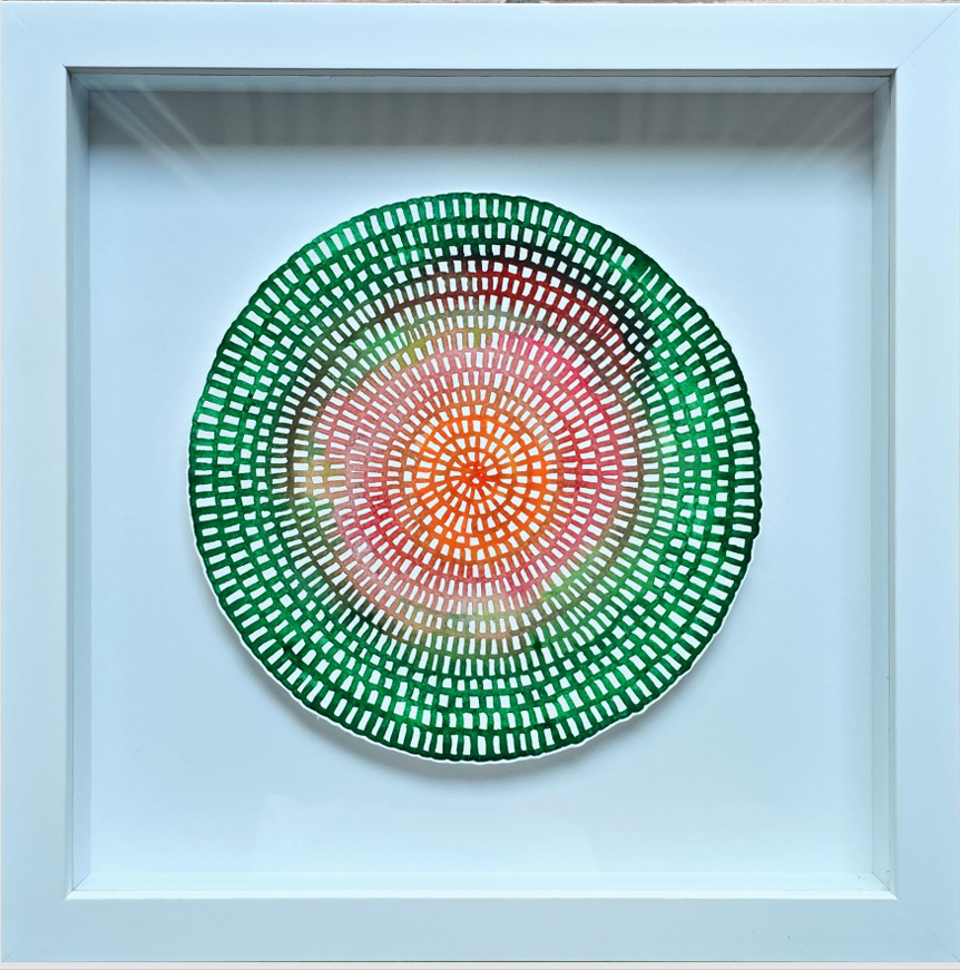 Original Mini Crochet Web Mandala — Emerald Green, Coral & Orange