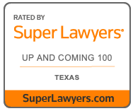 A promotional sign for Super Lawyers, featuring a white background, orange and black text, highlighting ratings, top 100 upcoming lawyers in Texas, and the website superlawyers.com.