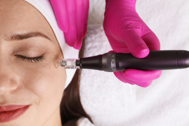 A woman receives a cosmetic facial treatment with a microdermabrasion device while lying with eyes closed, wearing pink gloves.