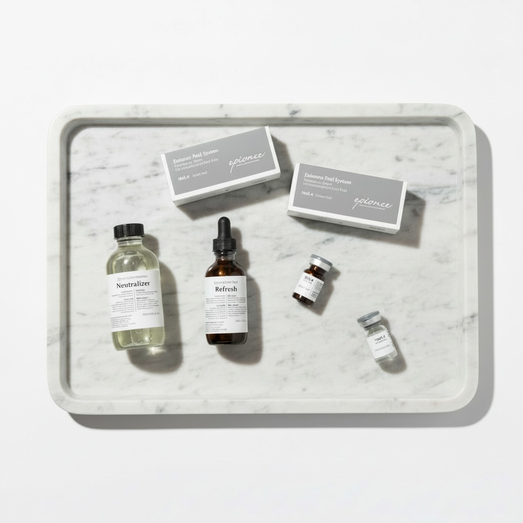Skincare products on a white marble tray, including a neutralizer, a refresh serum, two small vials, and two boxes labeled Epionce.