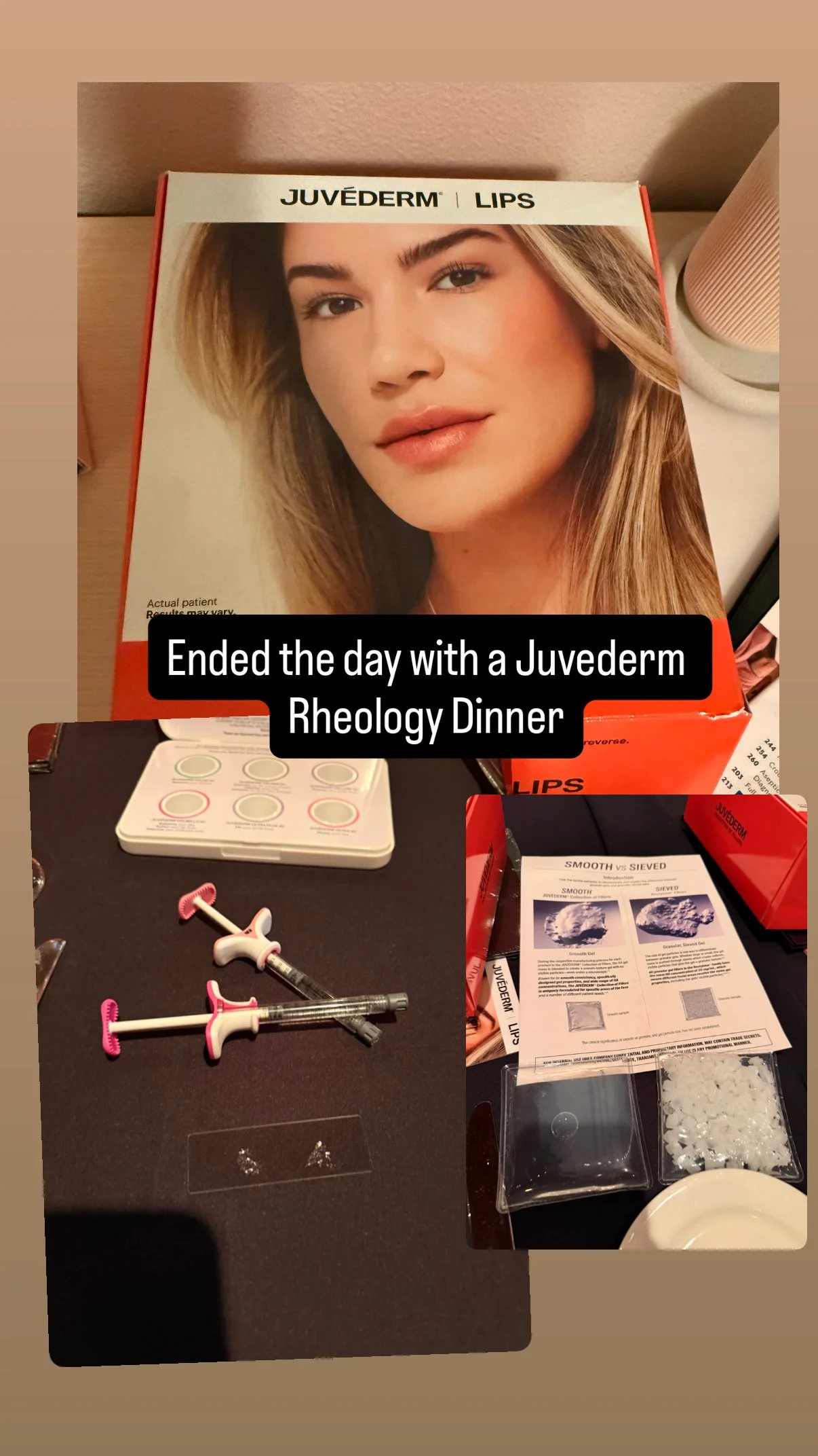 A Juvederm lip treatment kit with tools and instructions on a table, with a large box labeled 'Juvederm Lips' and a photo of a woman on the box. Text overlay says 'Ended the day with a Juvederm Rheology Dinner.'