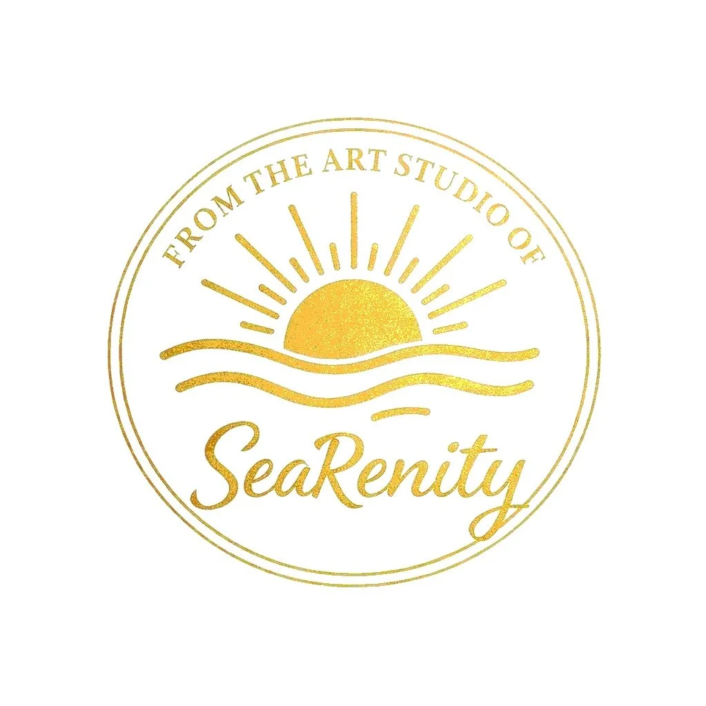 Gold logo with a sunset over waves and the text 'SeaRenity' beneath it, and the phrase 'From the art studio of' at the top.