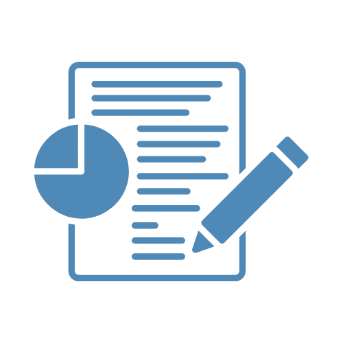 Icon of a report with a pie chart, a document, and a pencil. Timecard Review