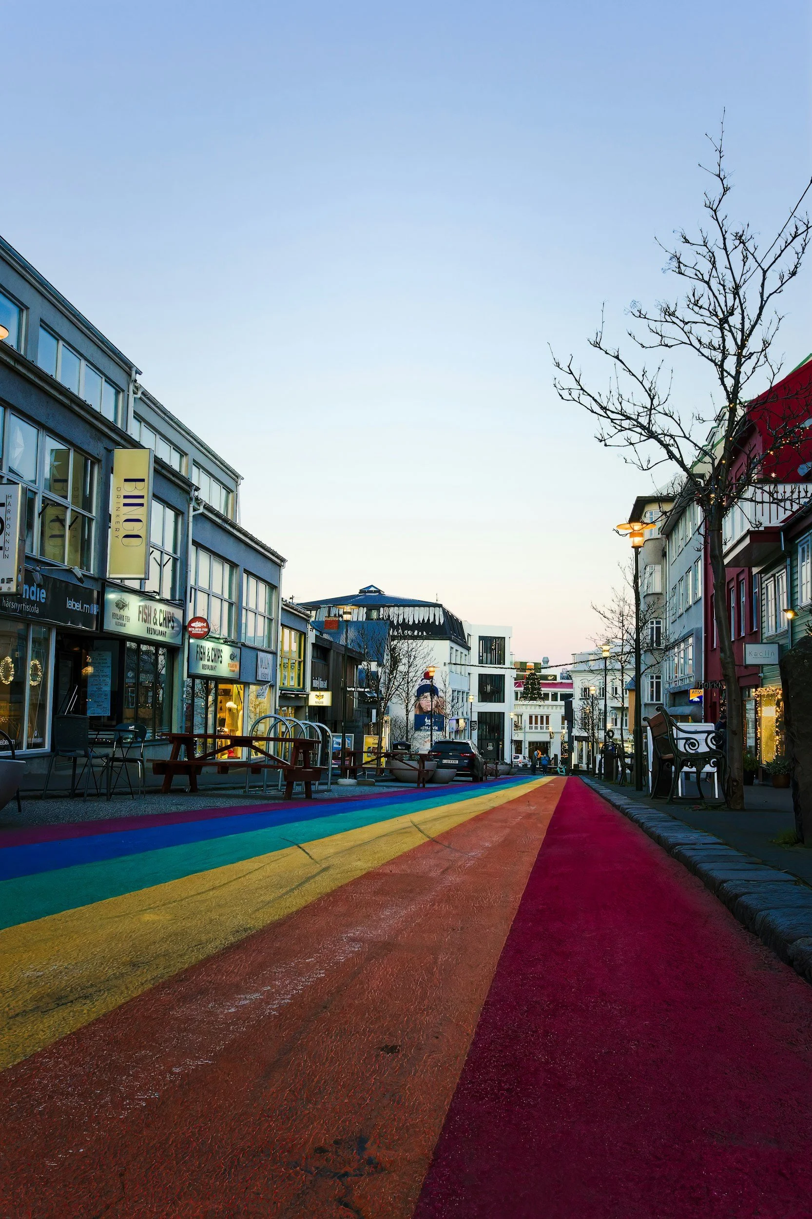 Street decorated with rainbow-colored crosswalk in a city, with shops, trees, and streetlights.