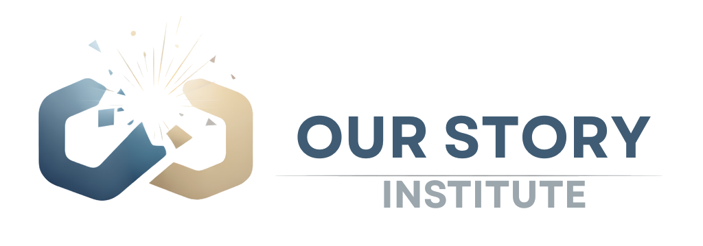 Graphic logo for Our Story Institute featuring stylized 3D typography and abstract design elements.