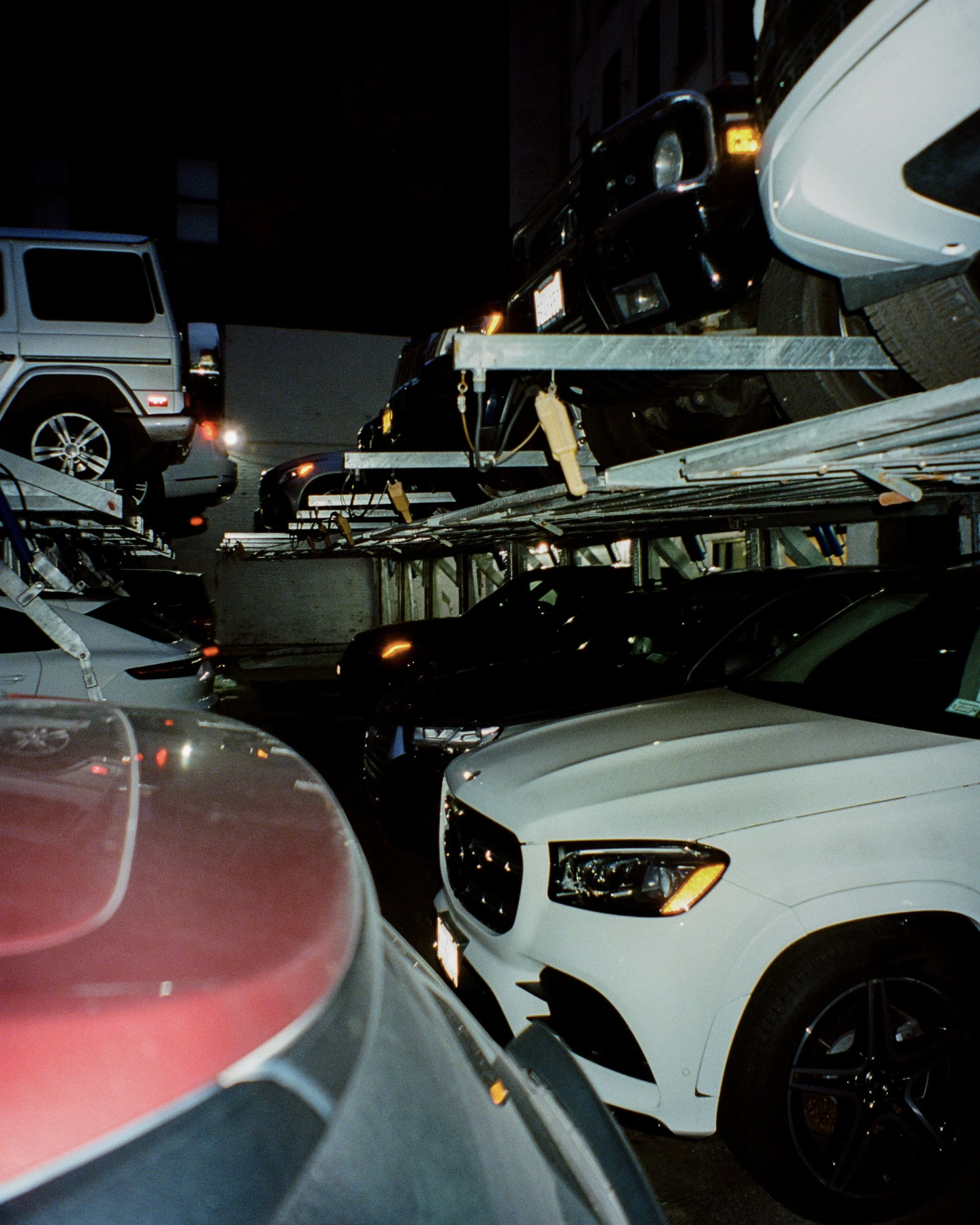 A car park at night using strong flash