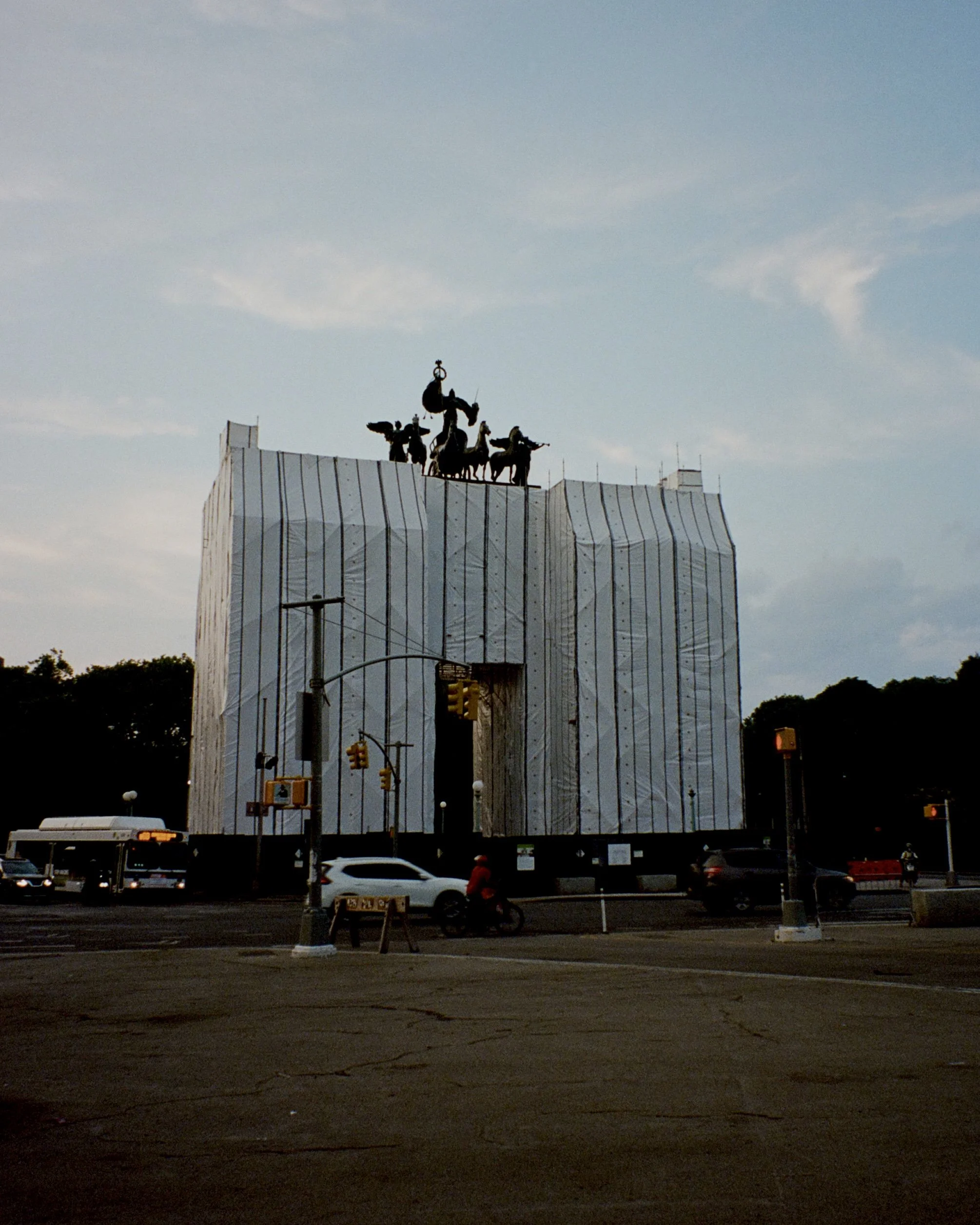 Grand Army Plaza draped in construction tarp