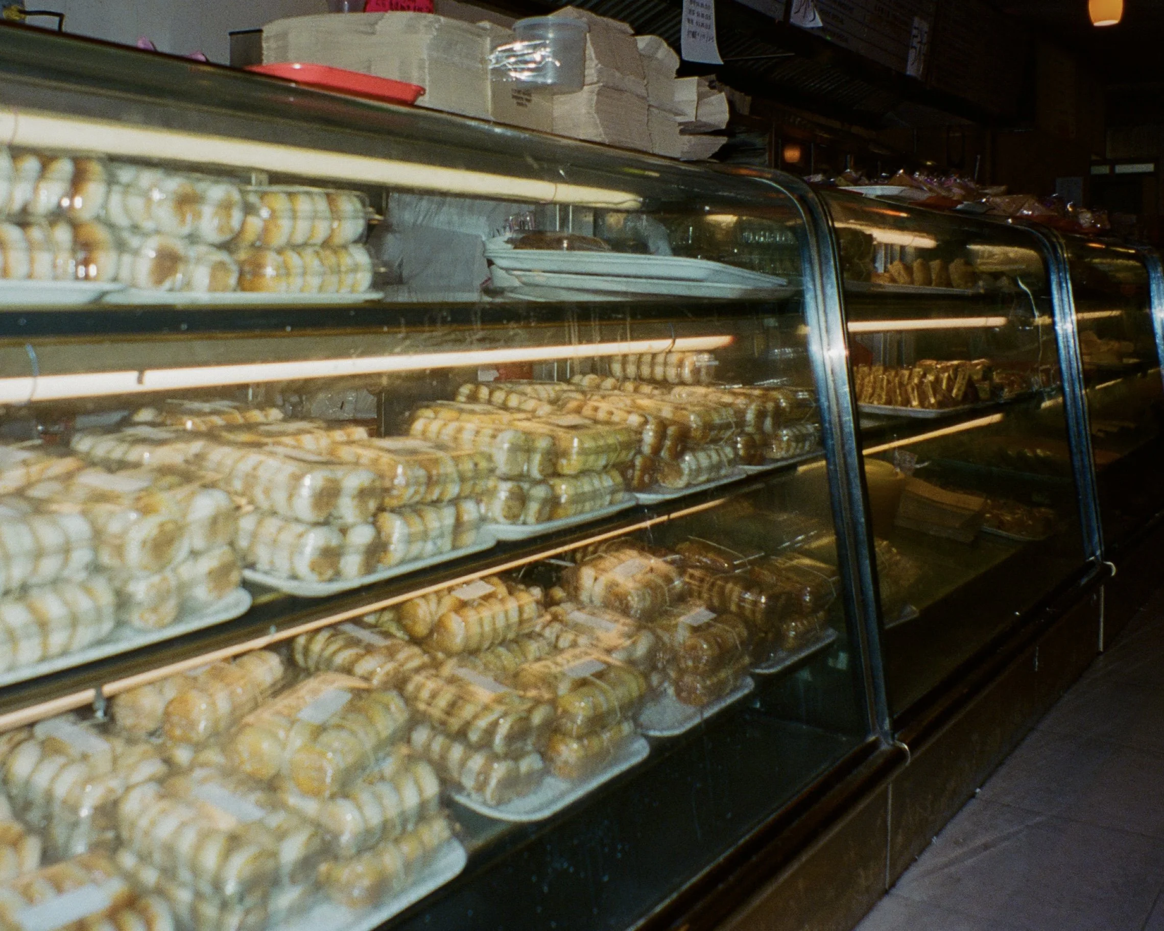 Pastries in a Chinese bakery case