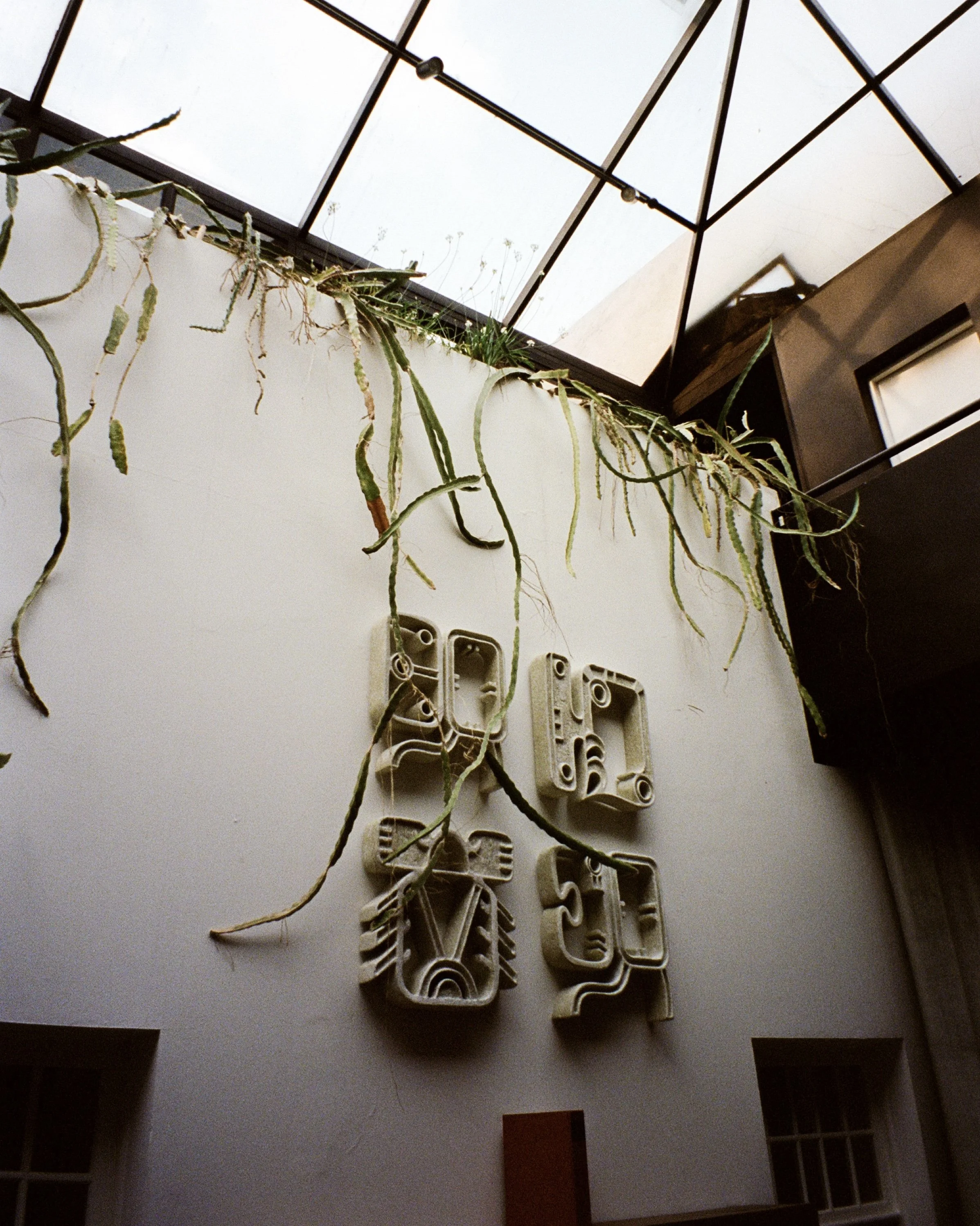 Cement symbol sculptures hanging on a wall