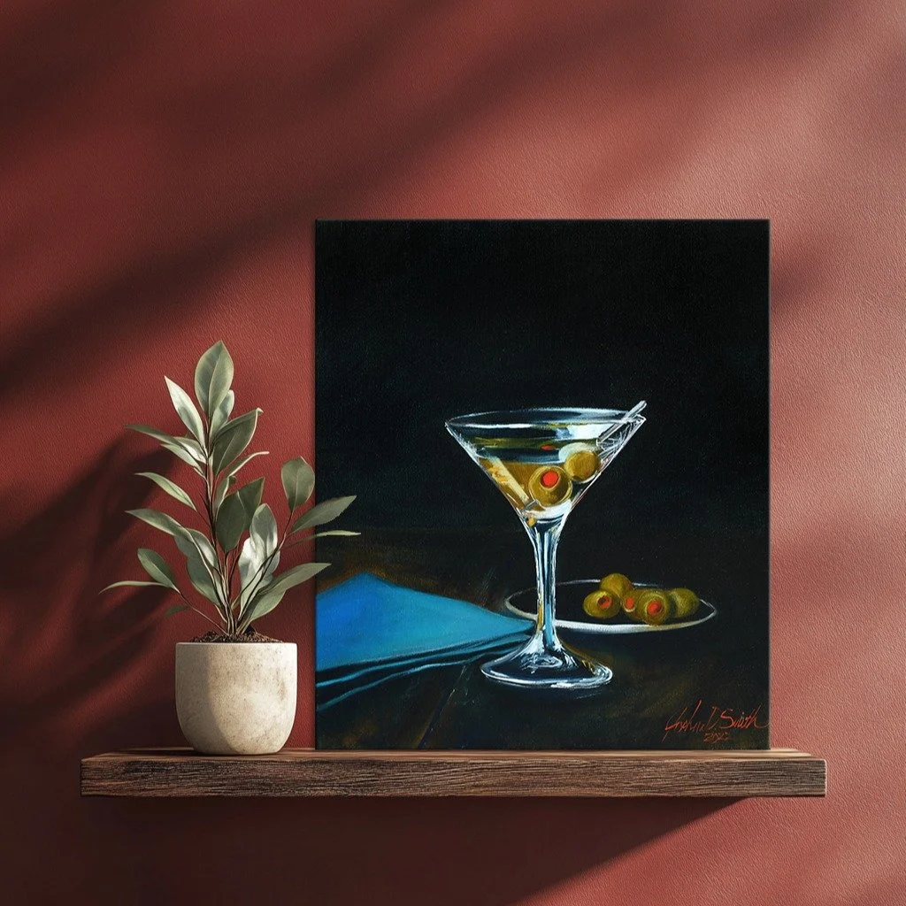 Going through old paintings and found this martini glass. Practicing with oil on this still life was fun and challenging. I think in the end the reflections in the glass work really well against the deep, dark background tones.