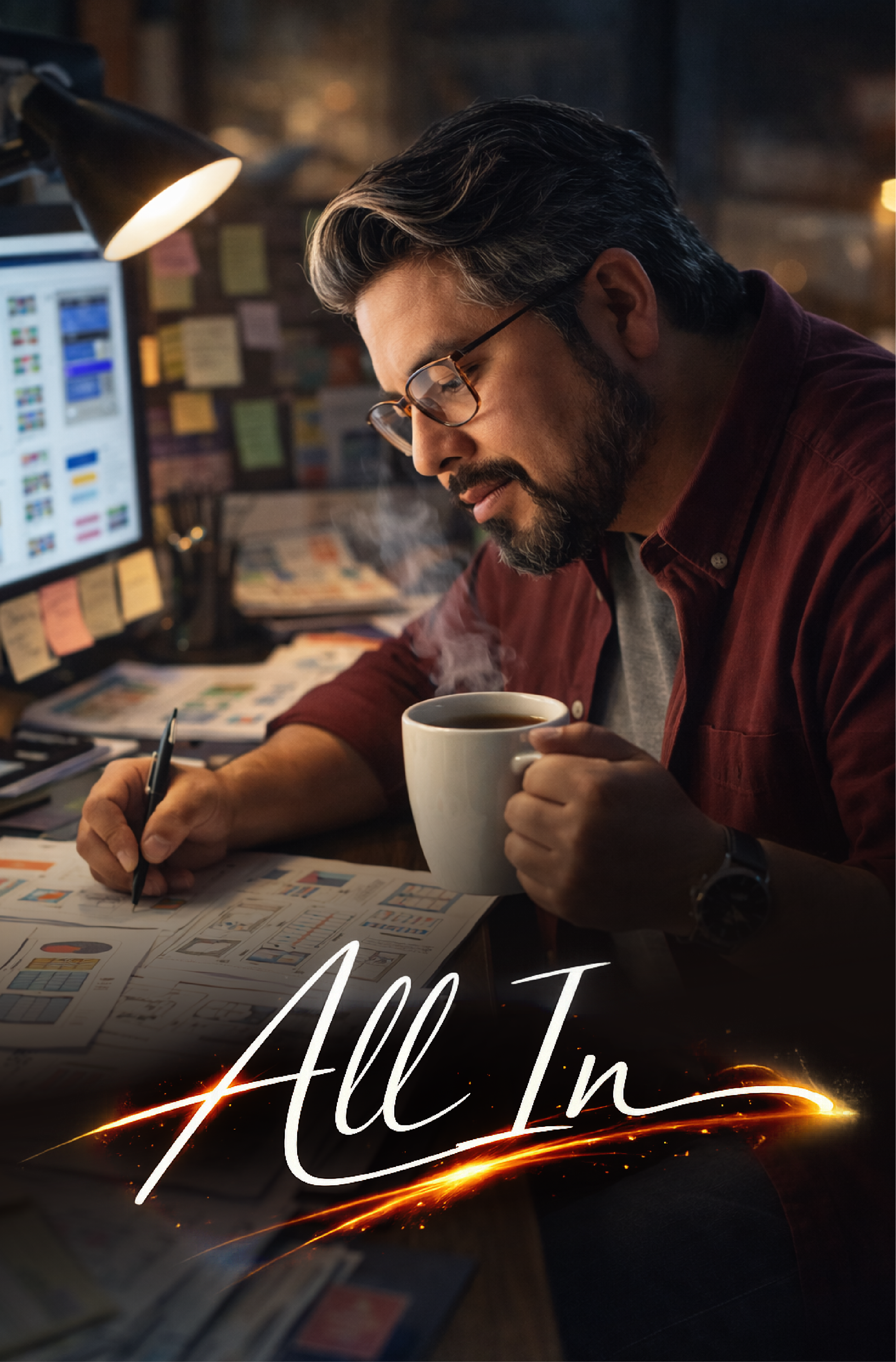 A man with dark hair and glasses sits at a cluttered desk, working on charts and graphs with a pen, holding a steaming cup of coffee, in a dimly lit office covered with sticky notes on the wall and a computer monitor in the background, with the text 'All In' written in stylized white and orange script at the bottom.