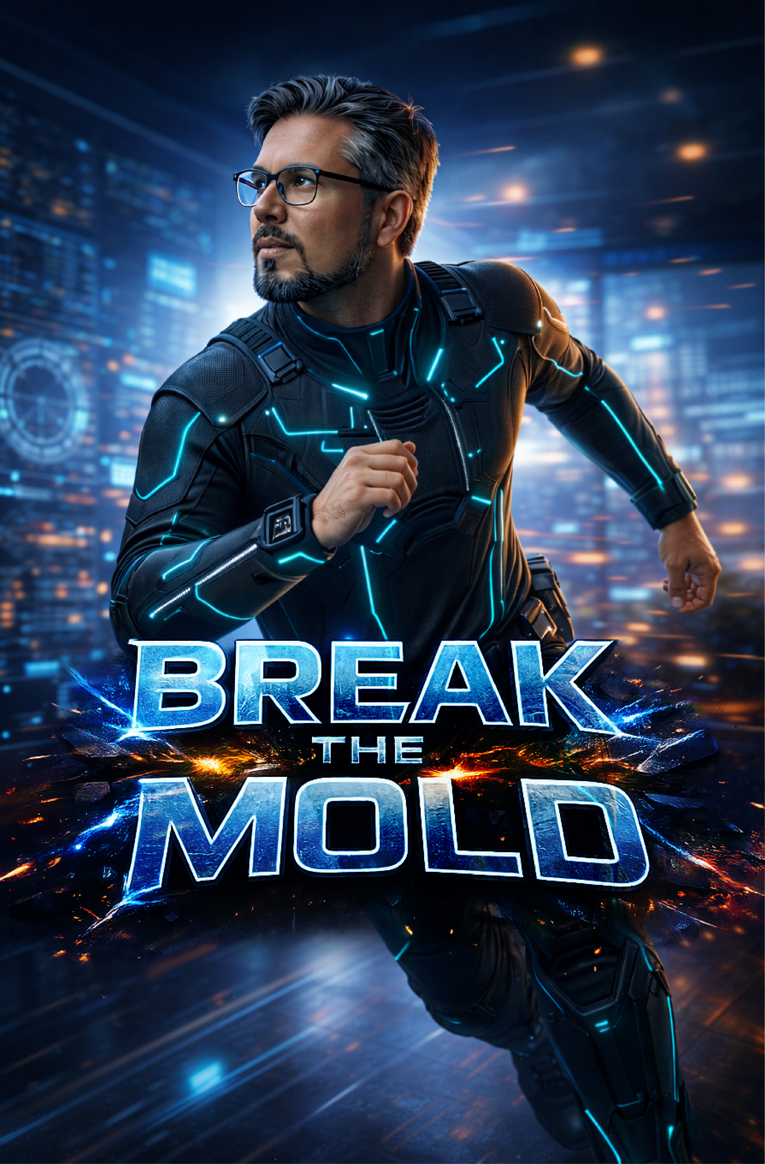 A man in a futuristic suit with glowing blue lines running along it runs forward against a cityscape background with digital effects. The text 'Break the Mold' appears in bold, glowing letters at the bottom.