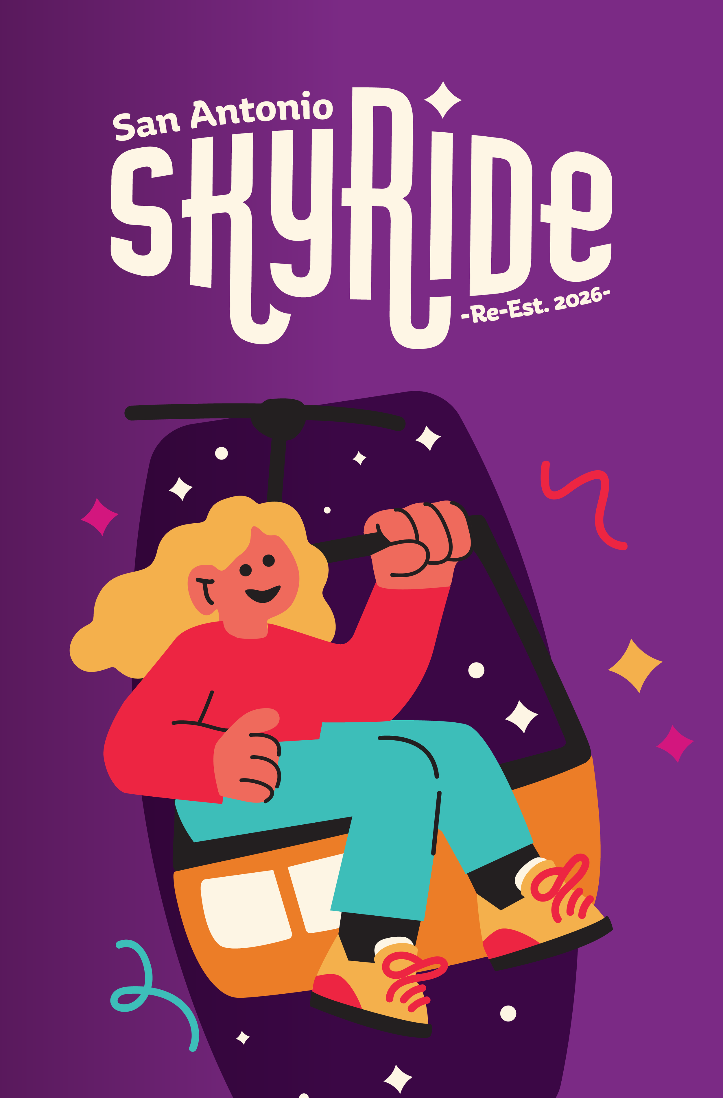 An animated illustration of a person with blonde hair riding a skyride attraction against a purple background, with stars and decorative elements.