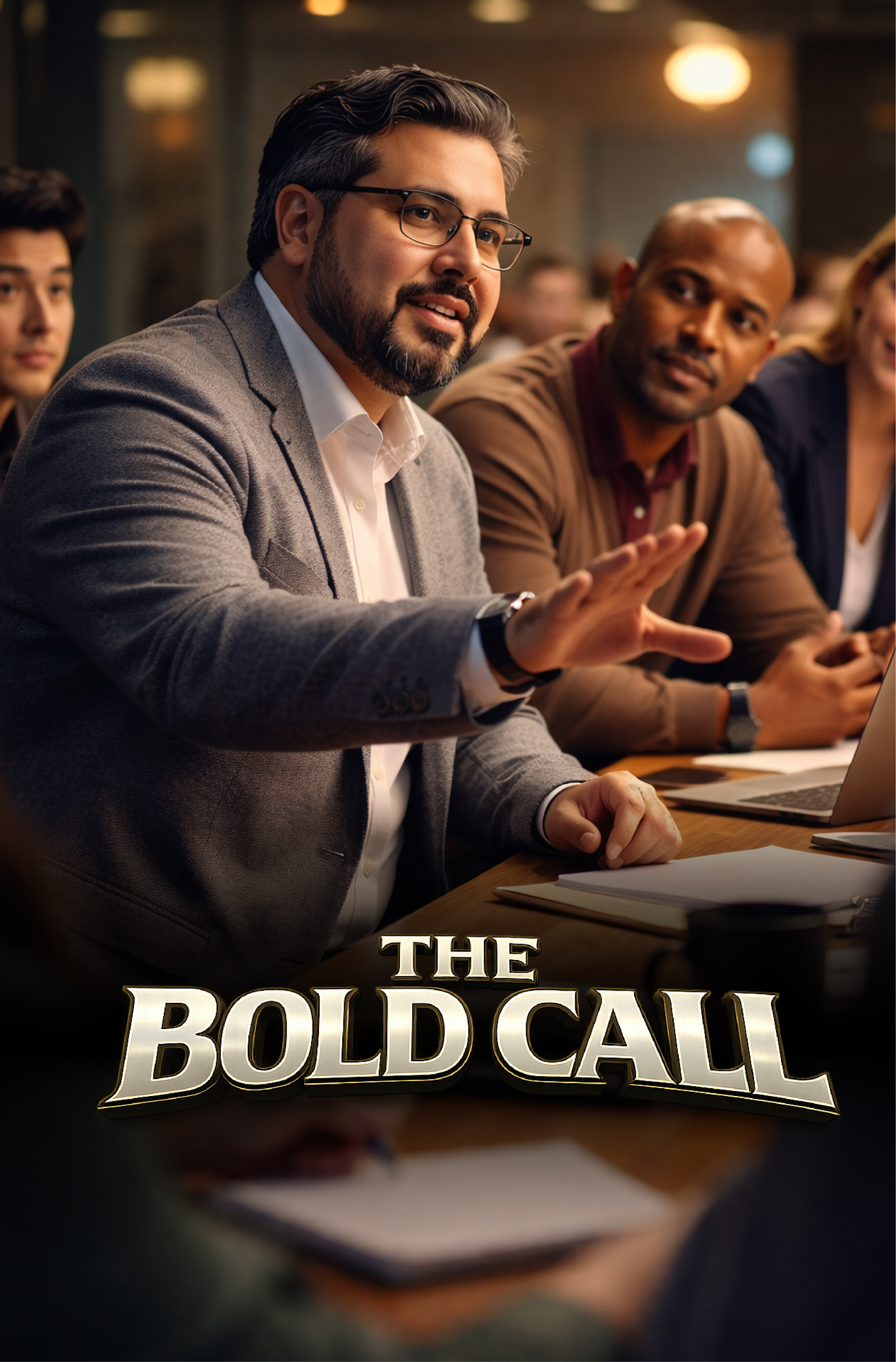 A man with glasses and a beard in a gray suit is speaking or asking a question during a meeting, surrounded by other people at a conference table, with the text "The Bold Call" overlaid at the bottom.
