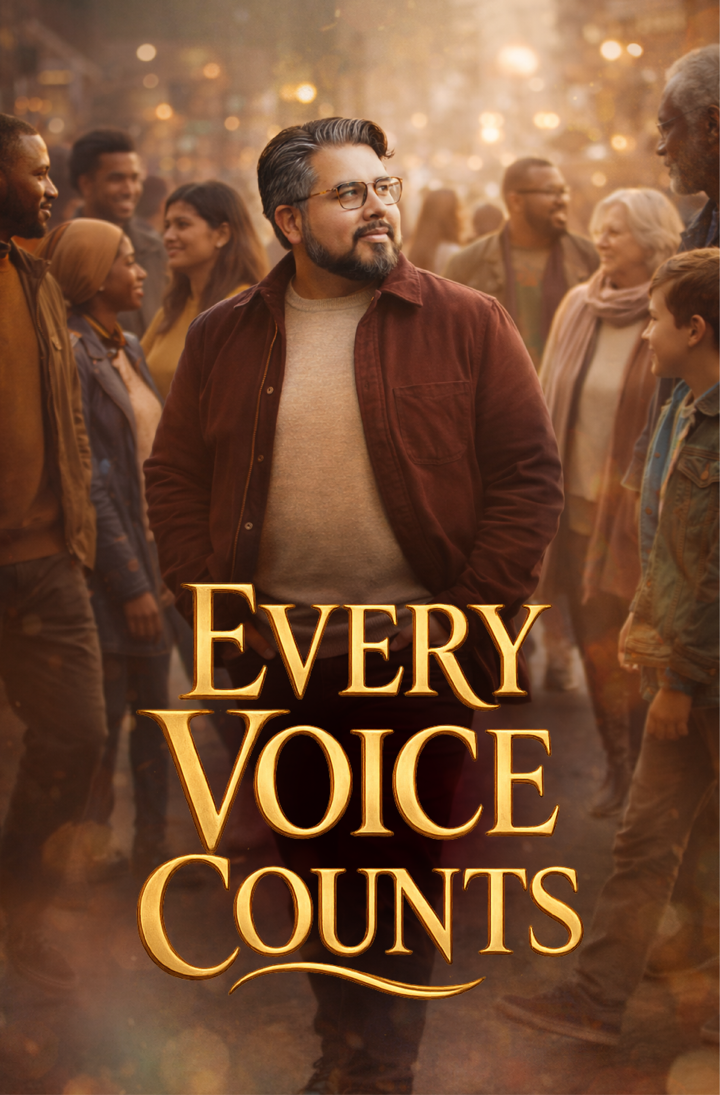 People gathered in a city park at sunset, with a man in the center wearing glasses and a maroon jacket. The text 'Every Voice Counts' is overlaid at the bottom of the image.