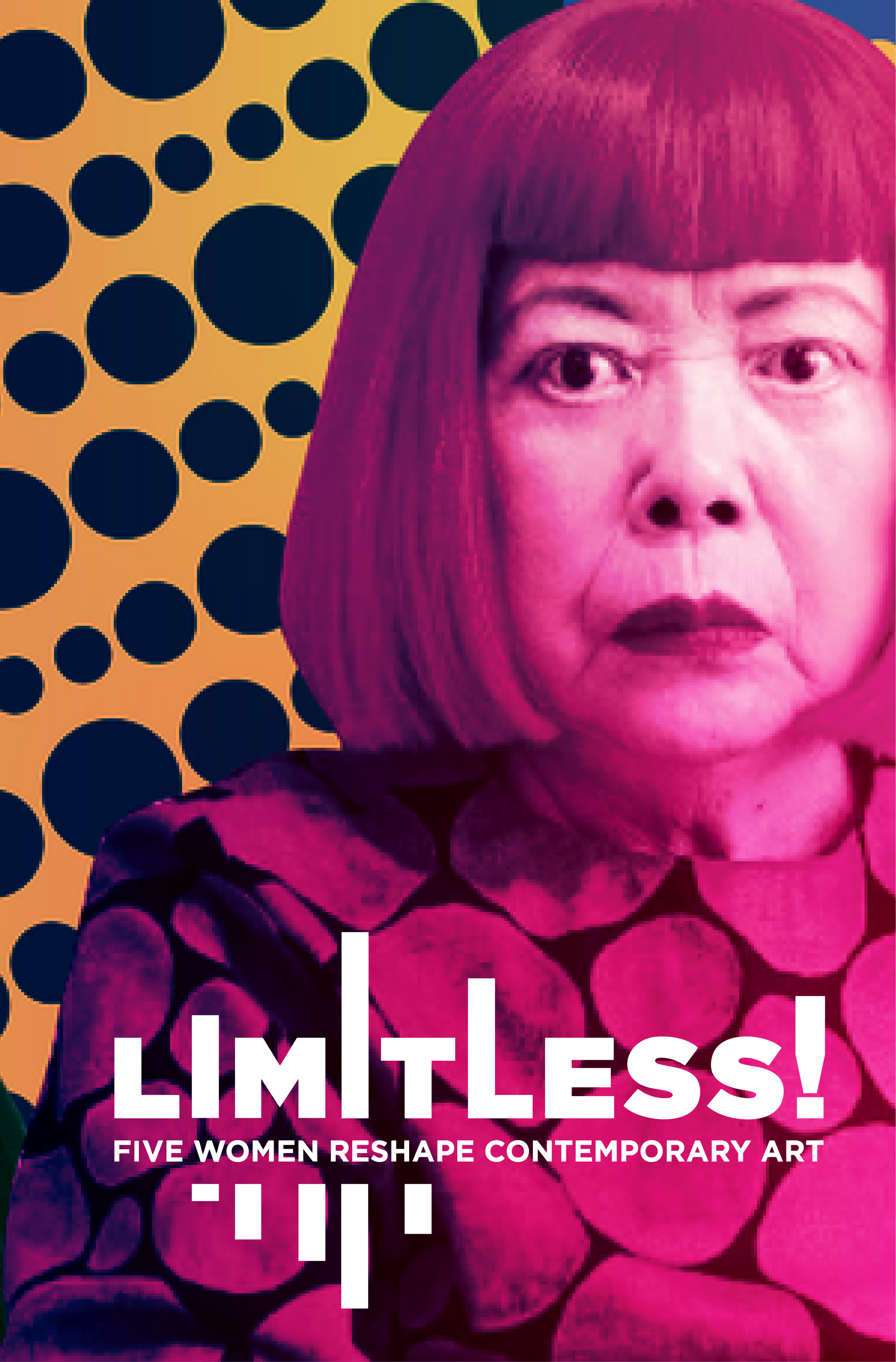 Close-up of a woman with a pink bob haircut and dark lipstick, against a yellow background with black polka dots. Text overlay reads 'Limitless! Five women reshape contemporary art.'