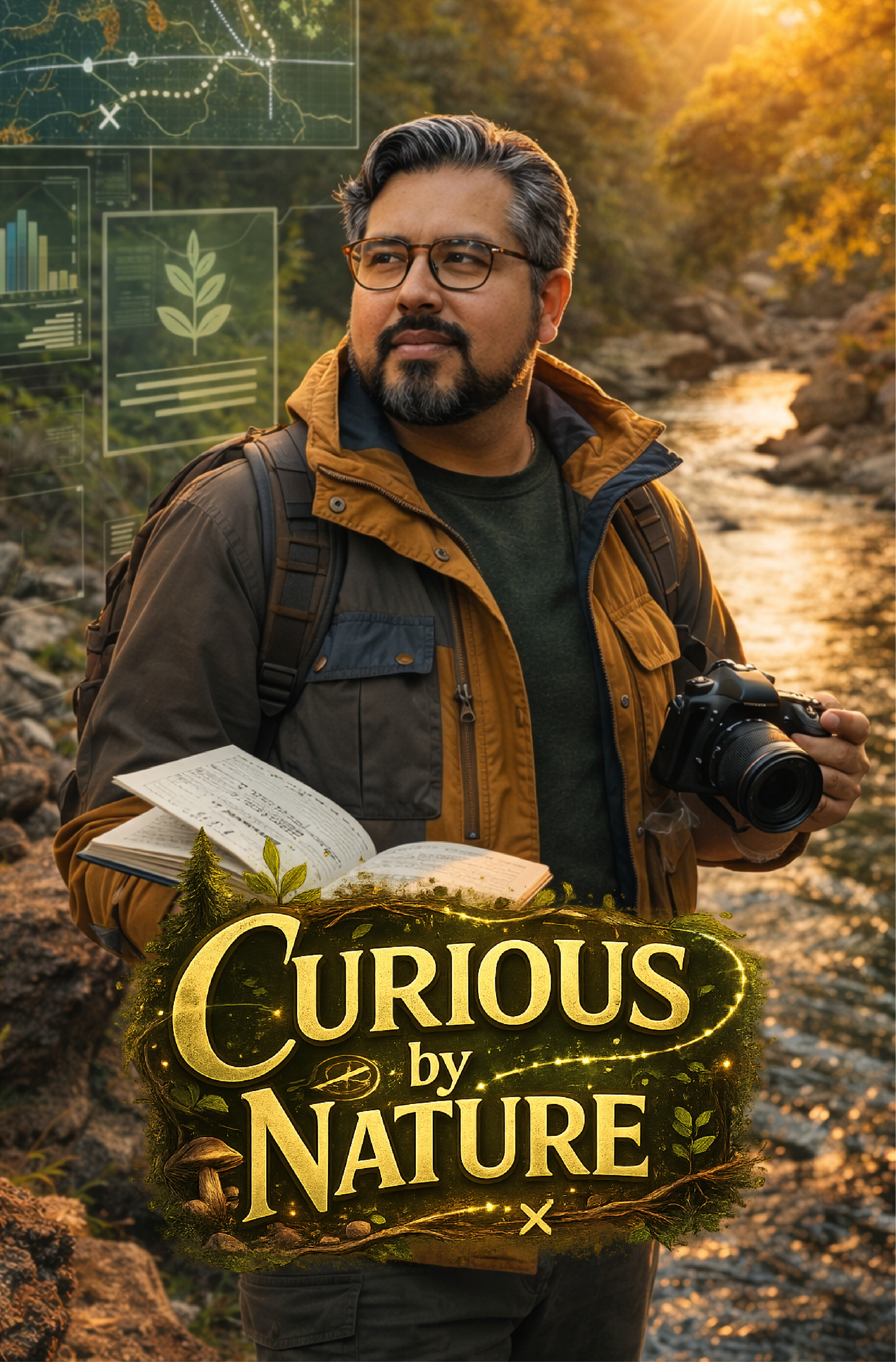 A man standing outdoors by a river at sunset, holding a camera and a book, with digital graphics related to nature and data overlaying the scene. The text "Curious by Nature" is prominently displayed at the bottom.