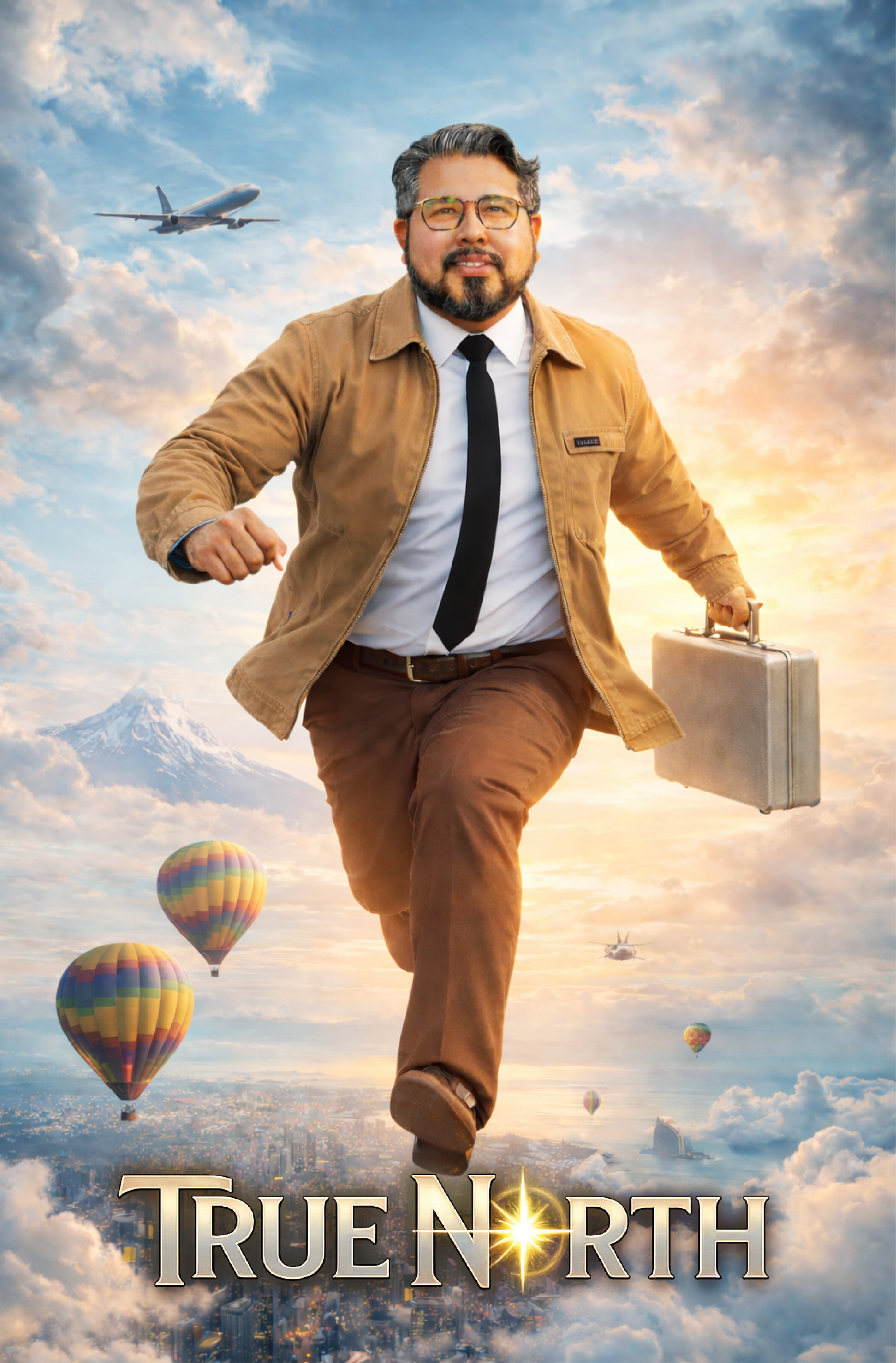 A man in business casual attire, holding a briefcase, appears to be flying through the sky with a sunset background. There are hot air balloons, airplanes, a helicopter, and a mountain in the background. The text "TRUE NORTH" is on the bottom of the image.