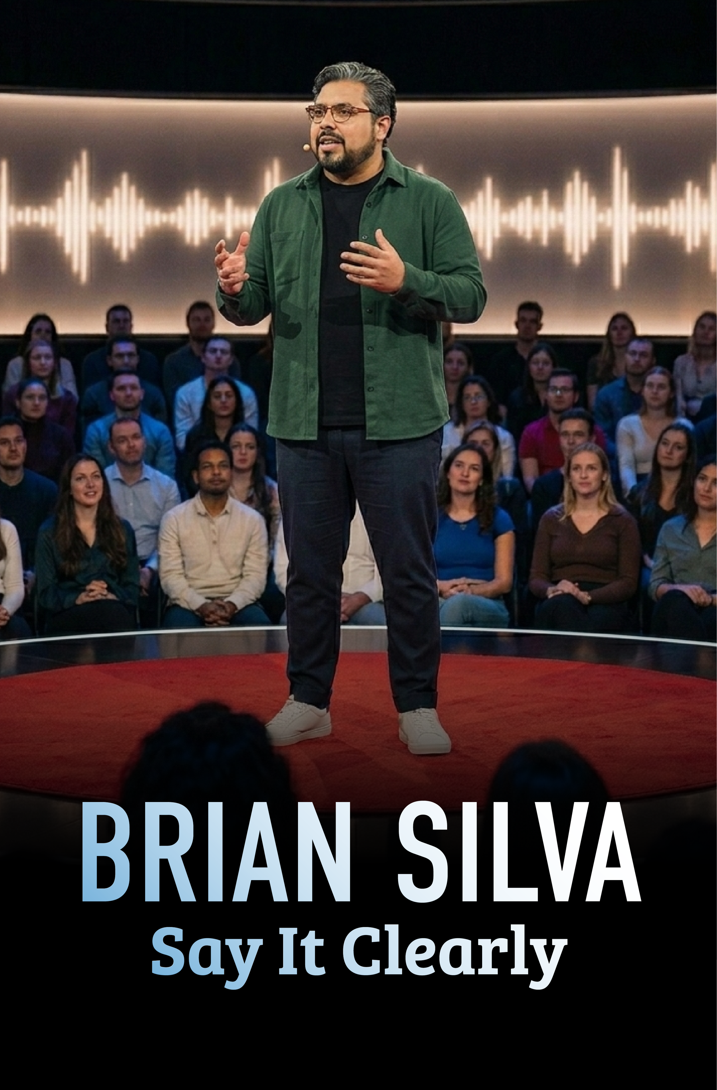 A man with glasses and a beard, wearing a green shirt and black pants, stands on a stage in front of an audience. The background features a sound wave pattern. The text at the bottom reads, "BRIAN SILVA Say It Clearly."