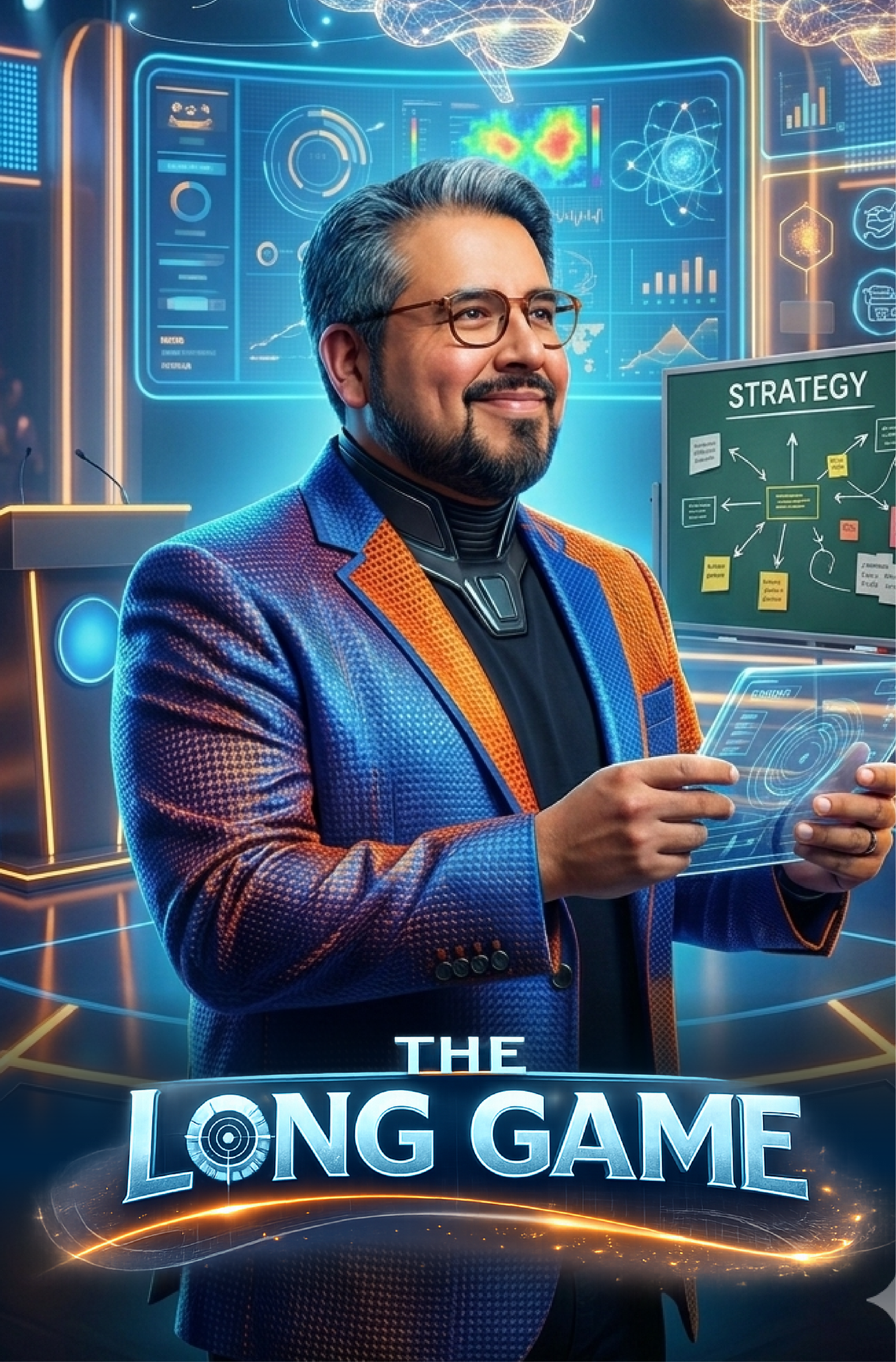 A man in a futuristic, brightly colored suit holds a transparent, holographic device in a high-tech environment with digital charts and graphics on screens behind him. The scene is overlaid with the words "The Long Game."
