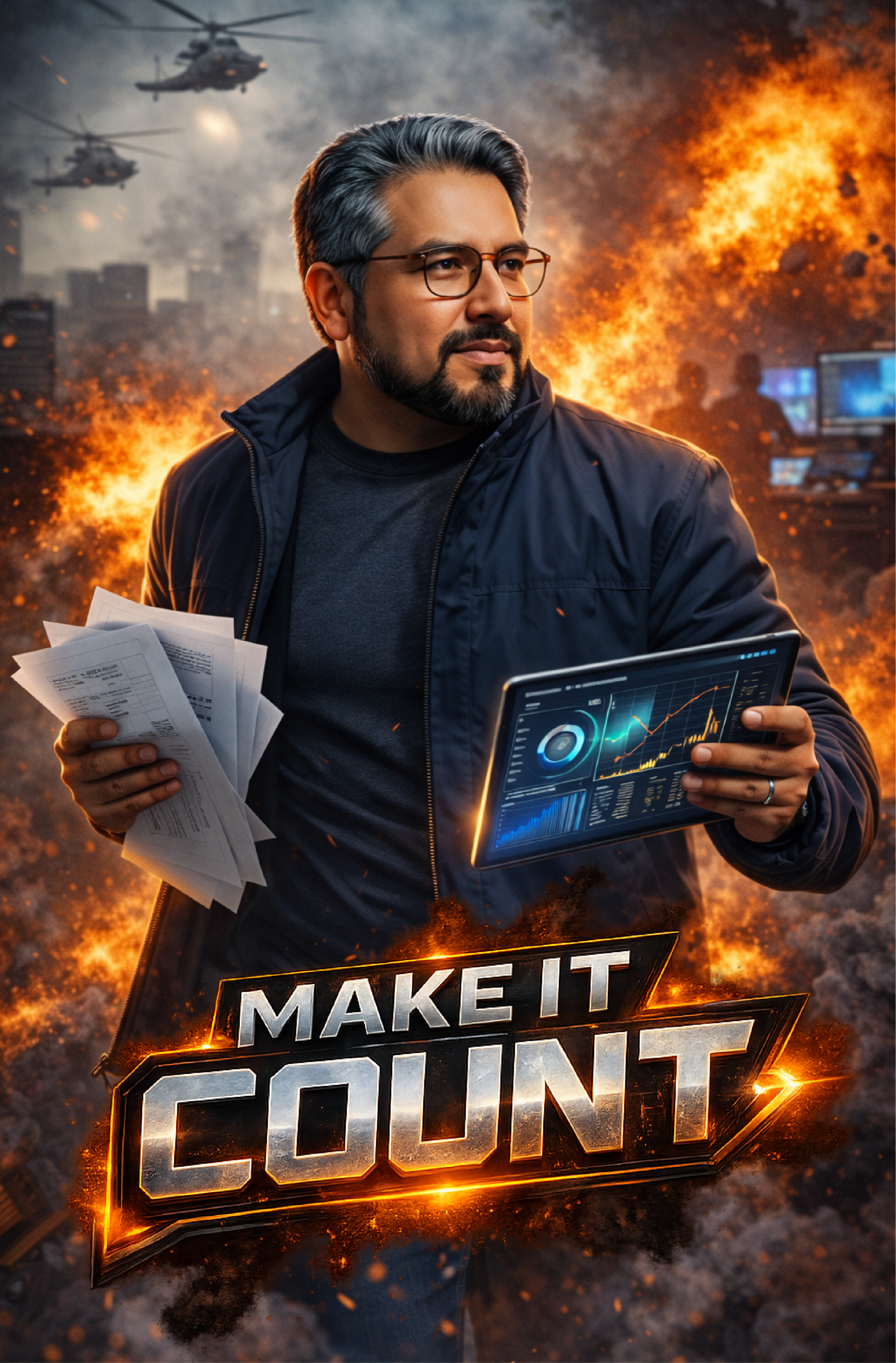 A man in glasses and dark clothing holding documents and a tablet with financial data on a chaotic background with explosions, helicopters, and ruined cityscape. Text overlay says "Make It Count."