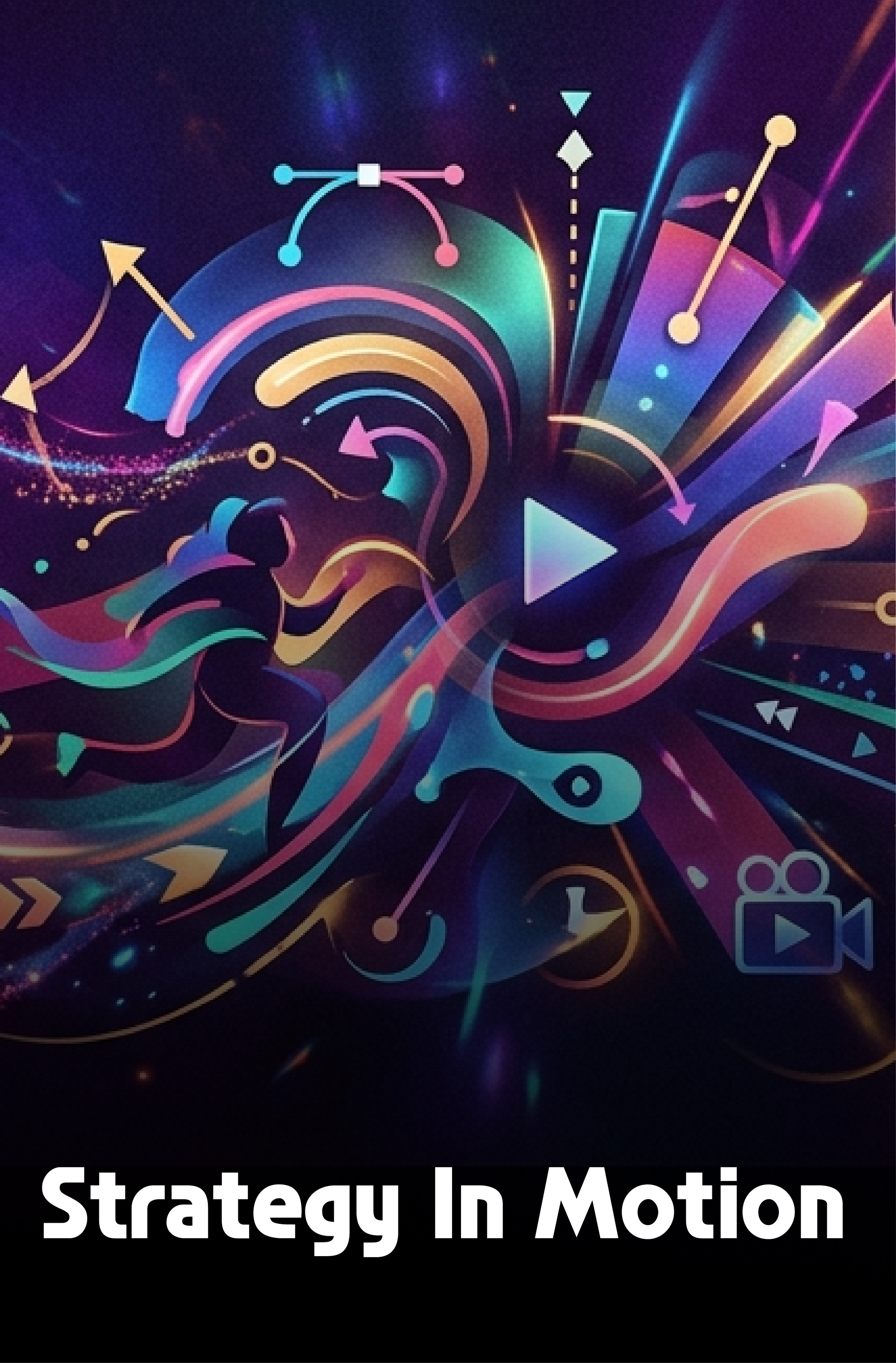 Abstract digital art depicting a person running among colorful, dynamic shapes, arrows, and symbols, with the text 'Strategy in Motion' at the bottom.