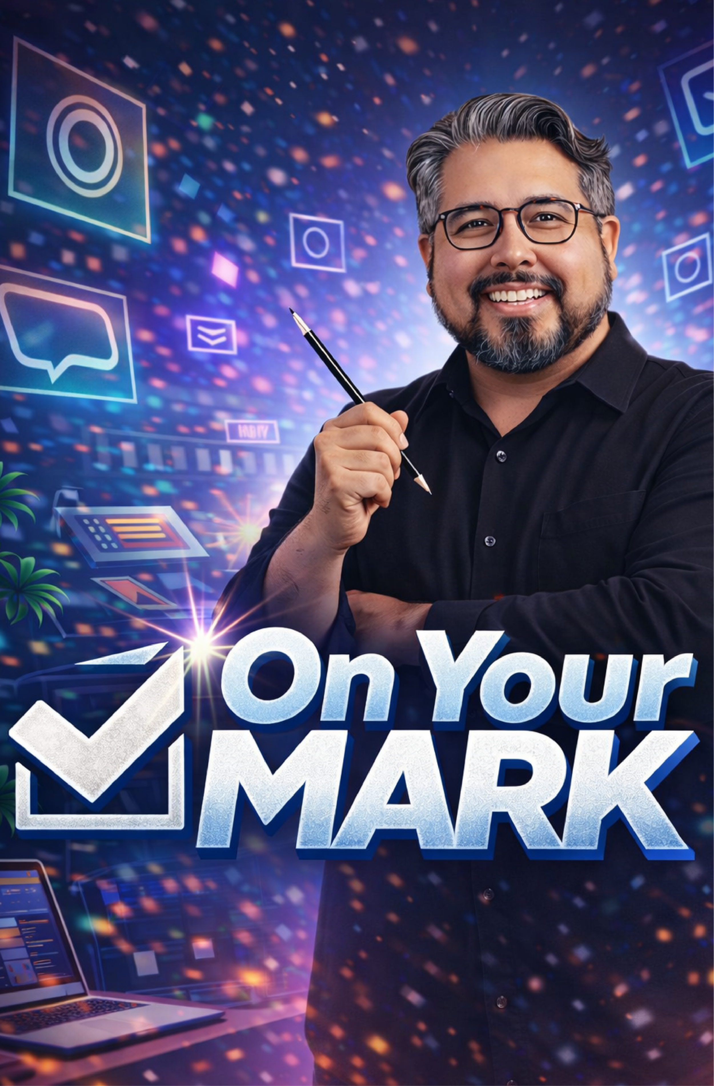 A smiling man with glasses and a beard holding a pen poses in front of a digital background with social media icons and a glowing checkmark within a box, with the text 'On Your Mark' in large letters.