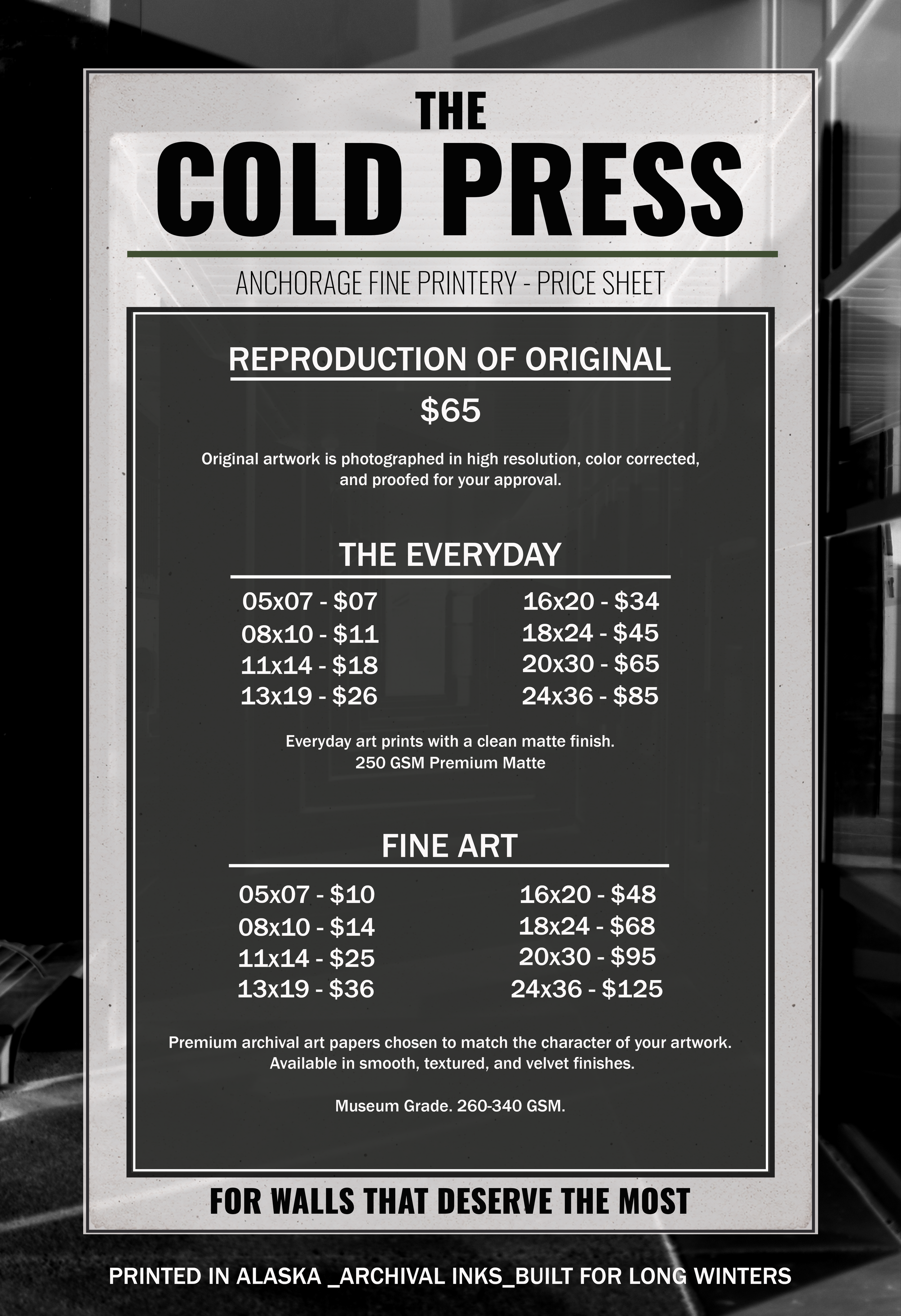 A price sheet for fine art prints on archival matte paper, showing sizes and prices for reproductions and original artwork, published by The Cold Press and The Everyday. The sheet mentions high resolution, color correction, and proofing, with options for smooth, textured, and velvet finishes, printed in Alaska with archival inks.