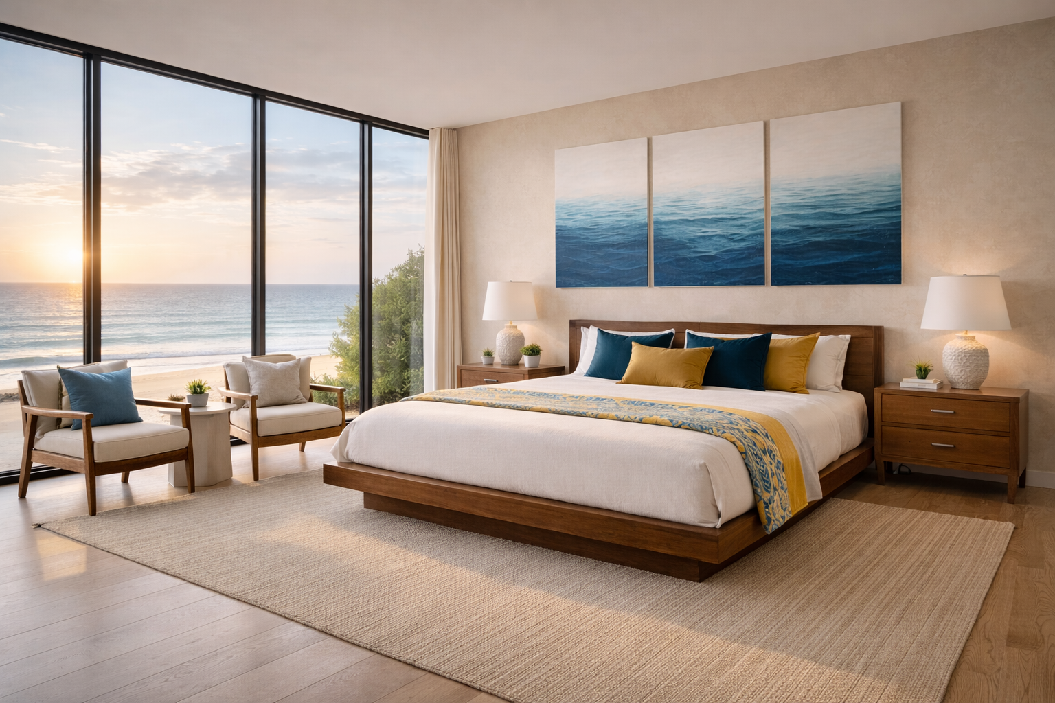 Serene beach house bedroom with floor-to-ceiling windows and ocean outlook”