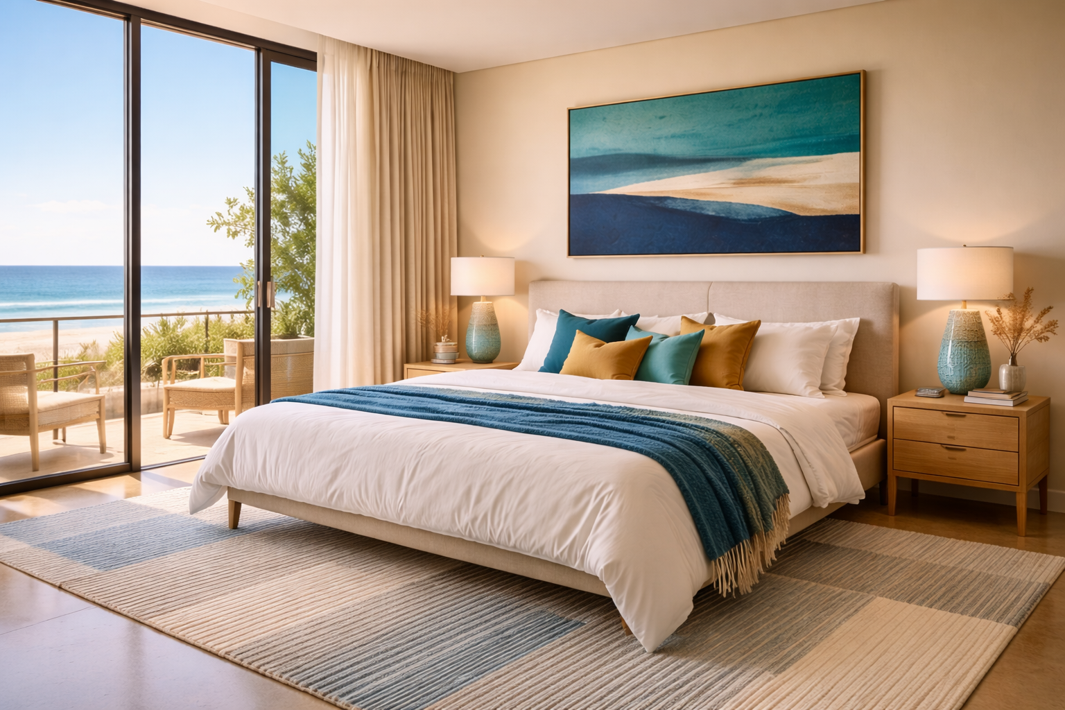 Serene beach house bedroom with floor-to-ceiling windows and ocean outlook”
