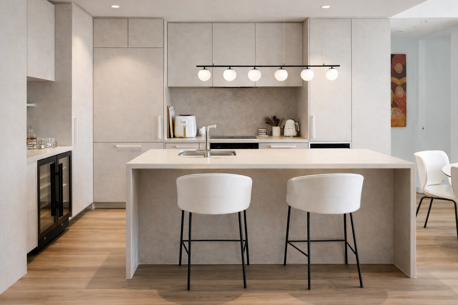 Kirra apartment kitchen with pendant lighting