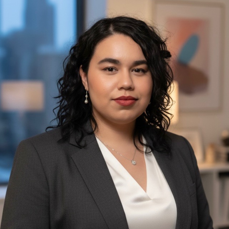 Professional woman with dark, curly hair wearing a black blazer, white blouse, pearl earrings, and a necklace in a modern office setting.
