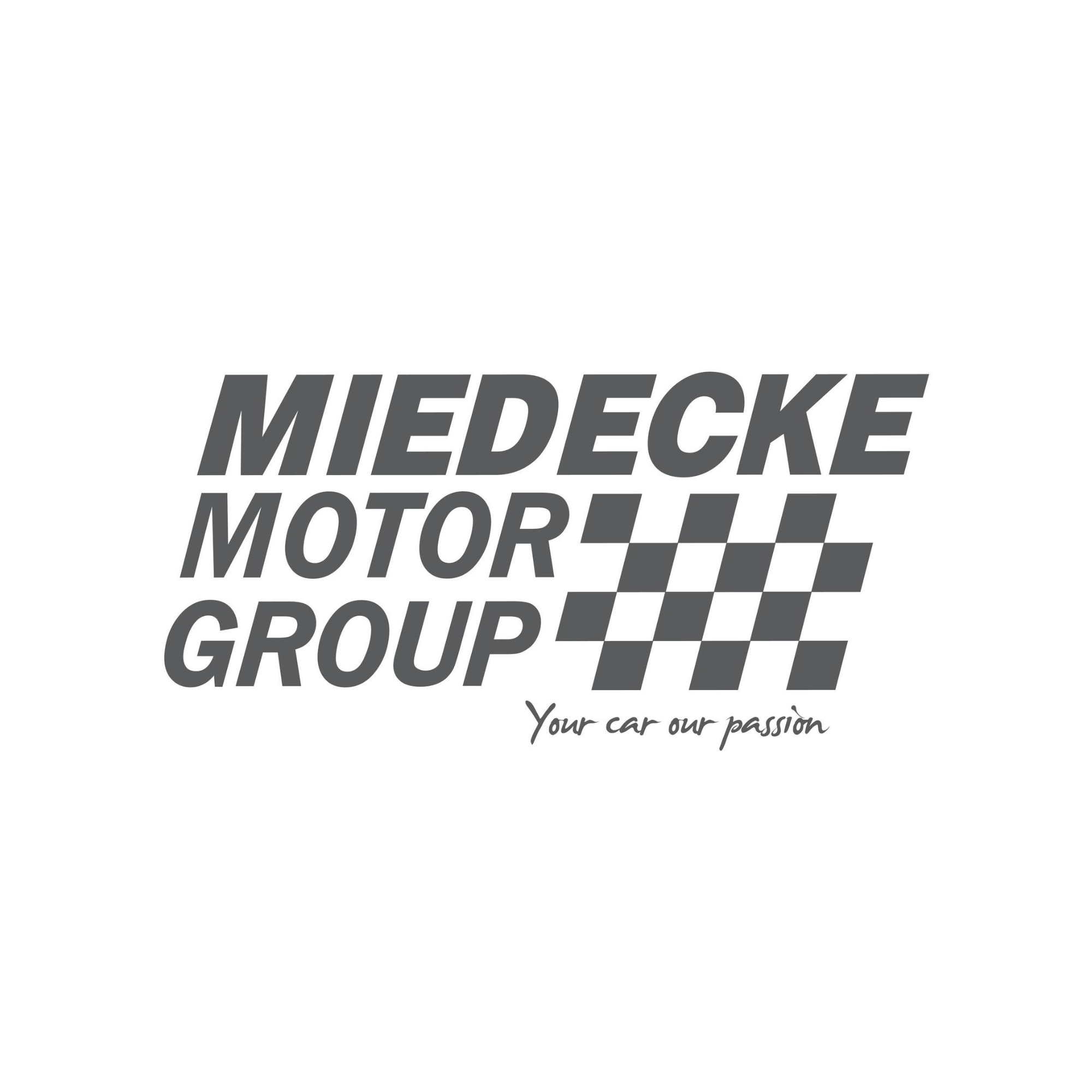 Medecke Motor Group logo with black text and checkered flag design, and the slogan 'Your car our passion' in cursive.