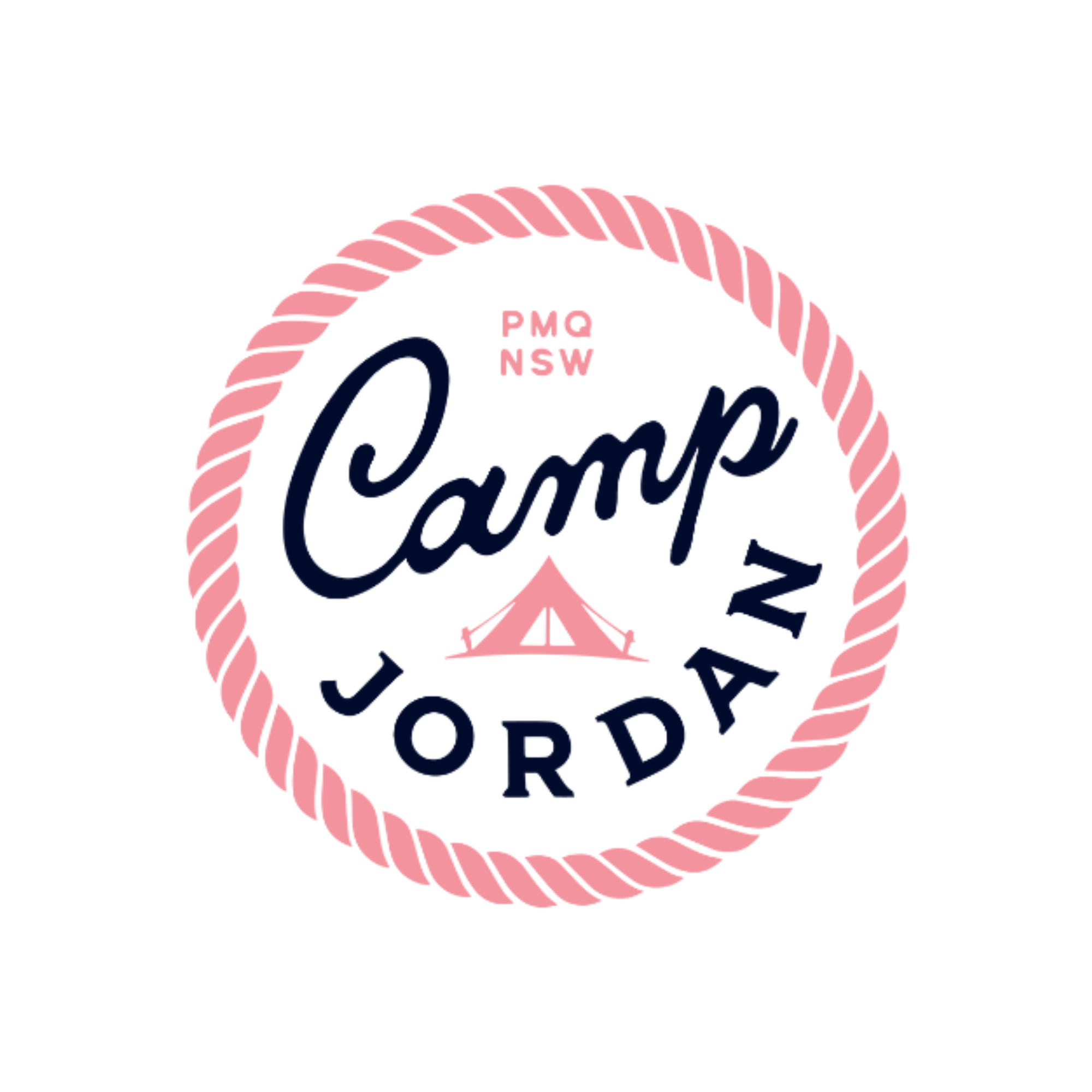 Design of a circular logo with pink rope border, the word 'Camp' in stylized script, and small text 'PMQ NSW' and 'Sydney'.